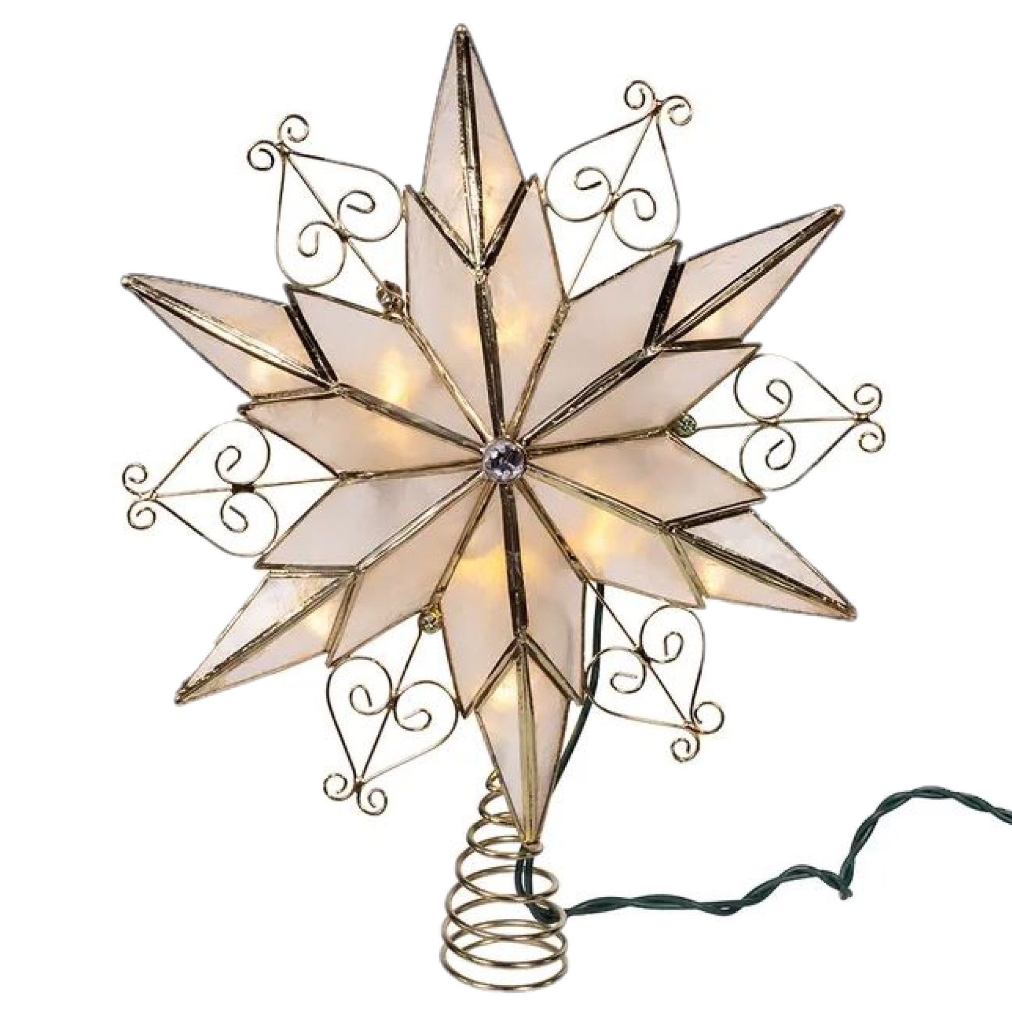 10-Light LED Brass Plated Capiz Star Tree Topper - 6-Point with Scroll Design
