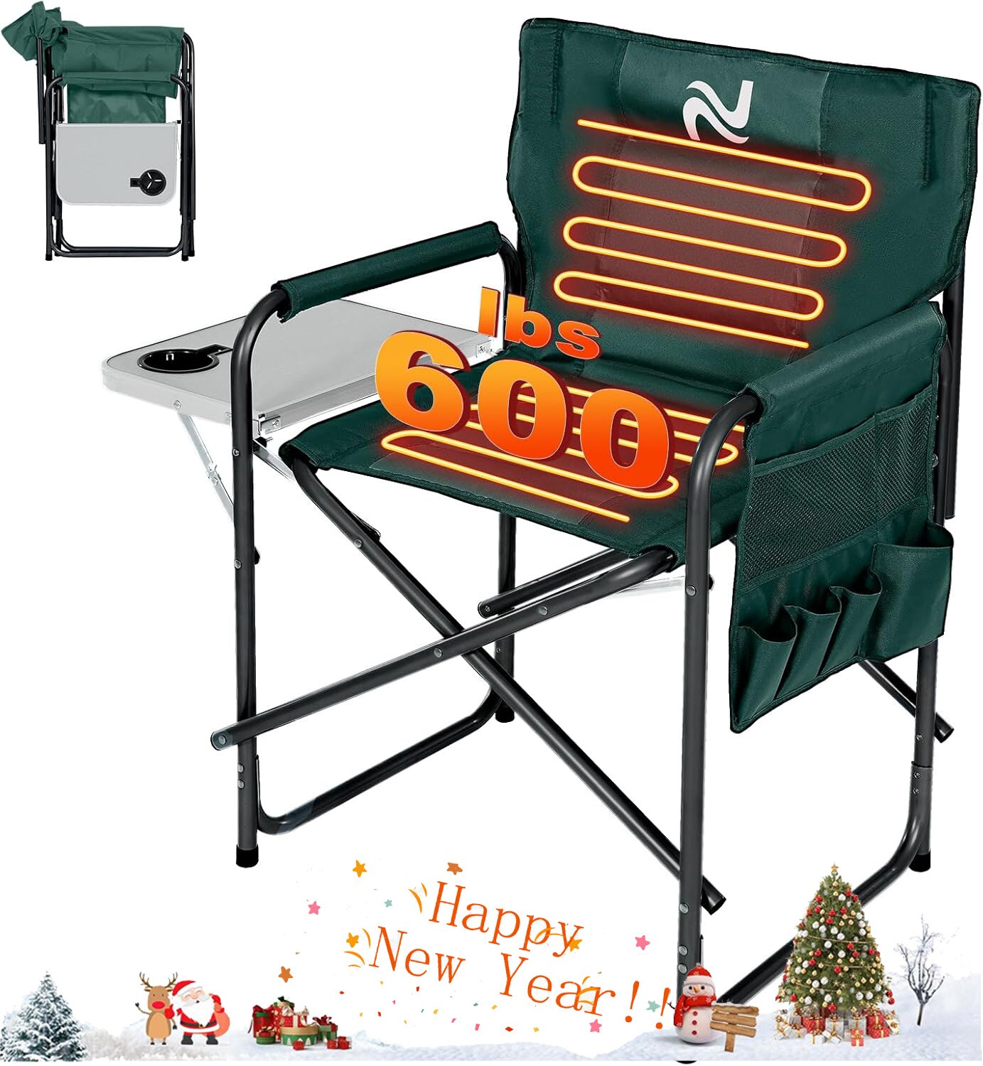 Green Heated Steel Folding Director's Chair with Side Table