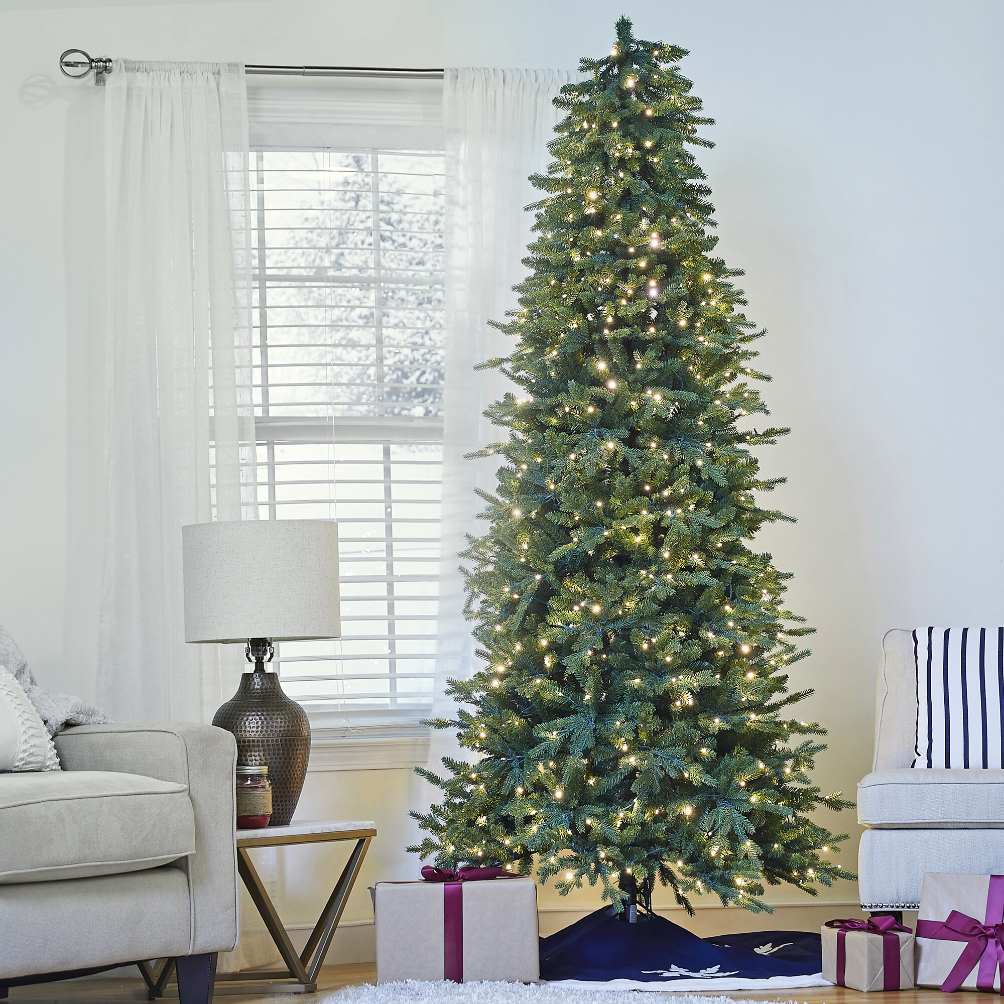 GE 7.5-ft Aspen Fir Pre-Lit Traditional Slim Artificial Christmas Tree ...