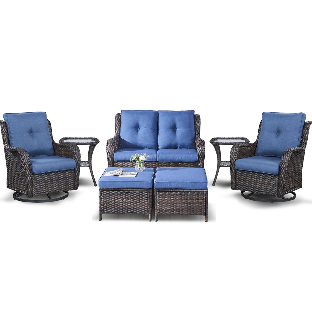 Rilyson FS038025X2023014-1 7 -Piece Wicker Patio Conversation Set with Blue Cushions