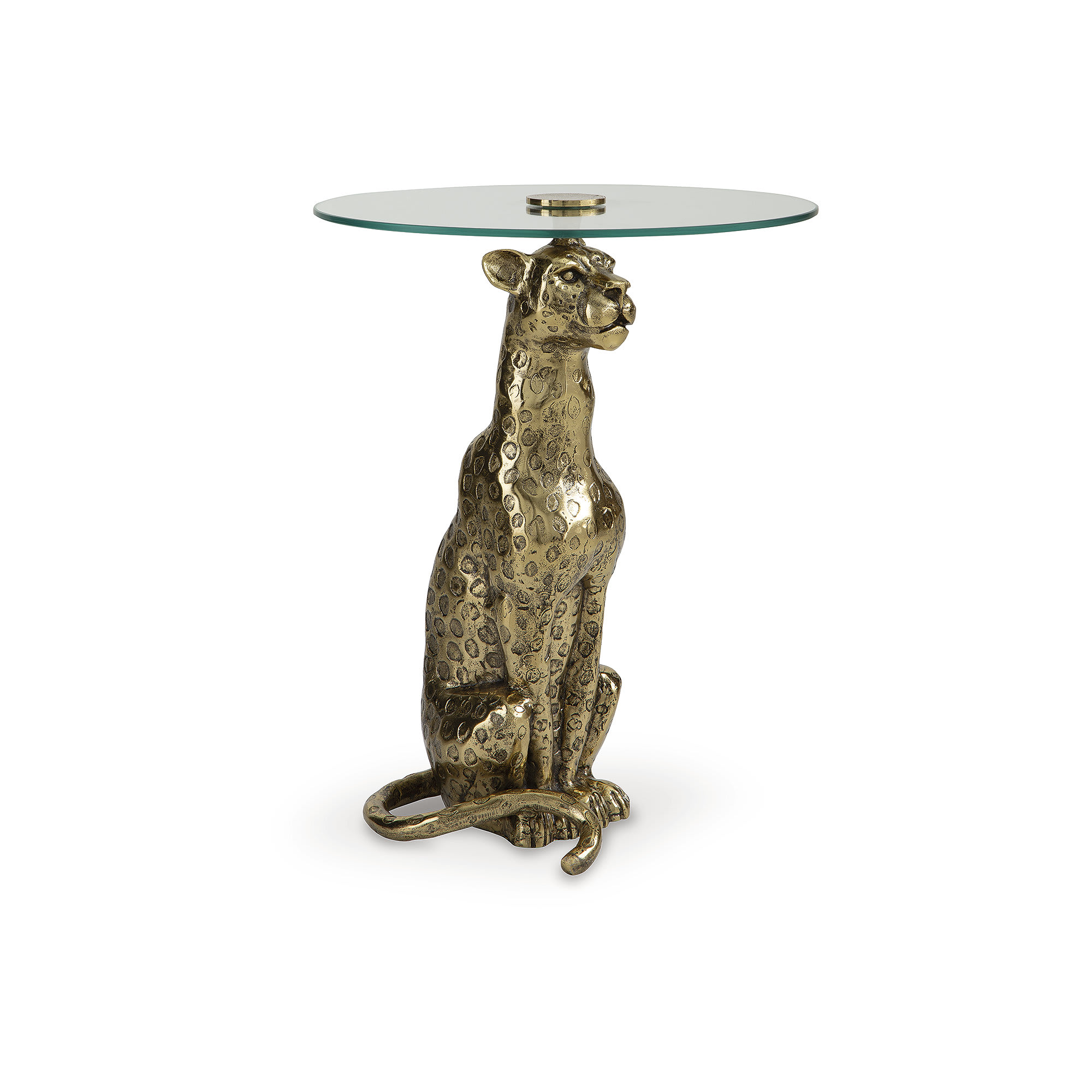 Signature Design by Ashley Vallain Accent Table with Glass Top Leopard Base Cast Aluminum Antique Gold