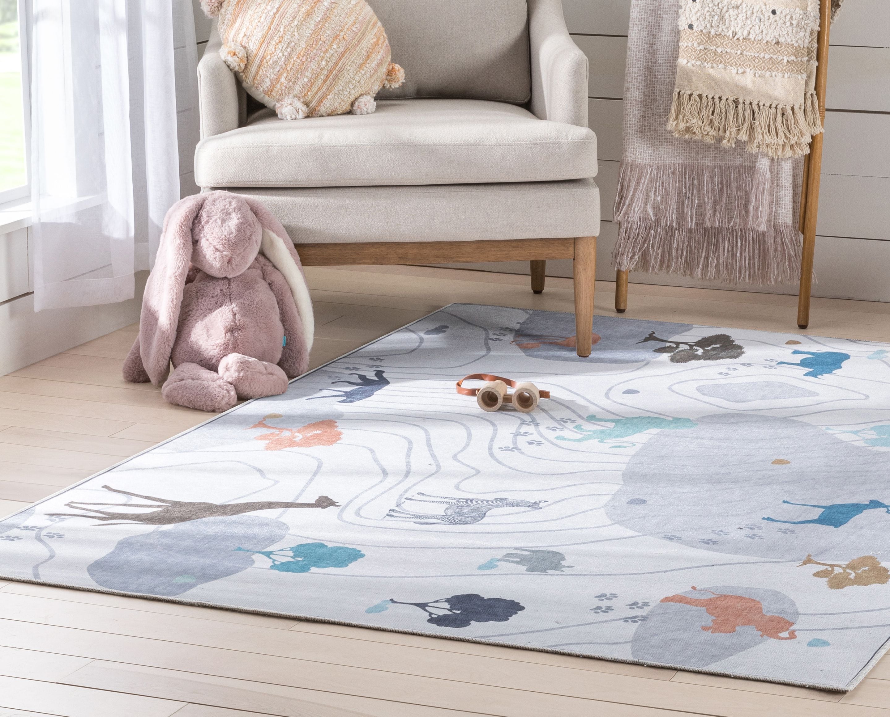 Gray Safari Animal Print Polyester Kids Area Rug 5' x 7'