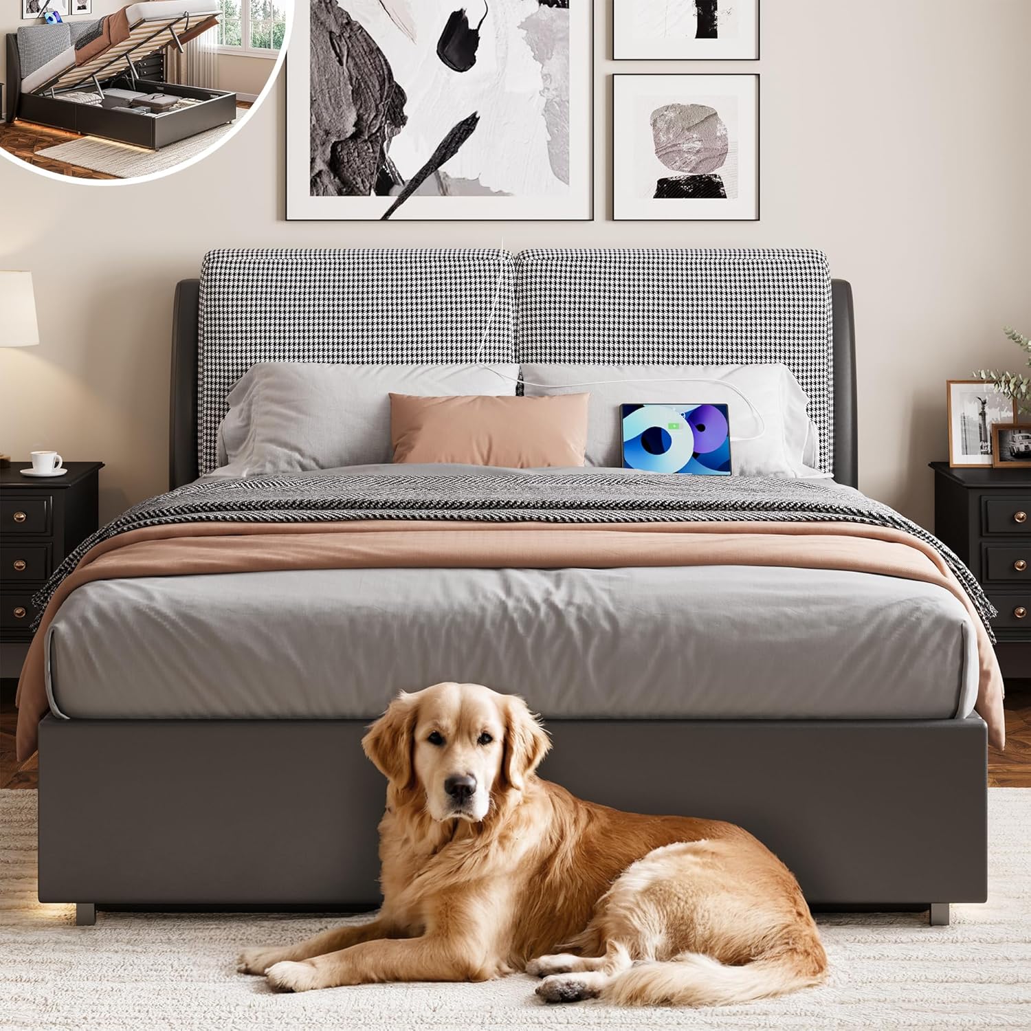 Likimio ZG0MVEWHRIQDANAP 63.8-in W Black Queen Size Lift Up Bed Frame with Type-C and USB Port and Sofa-Style Cushions