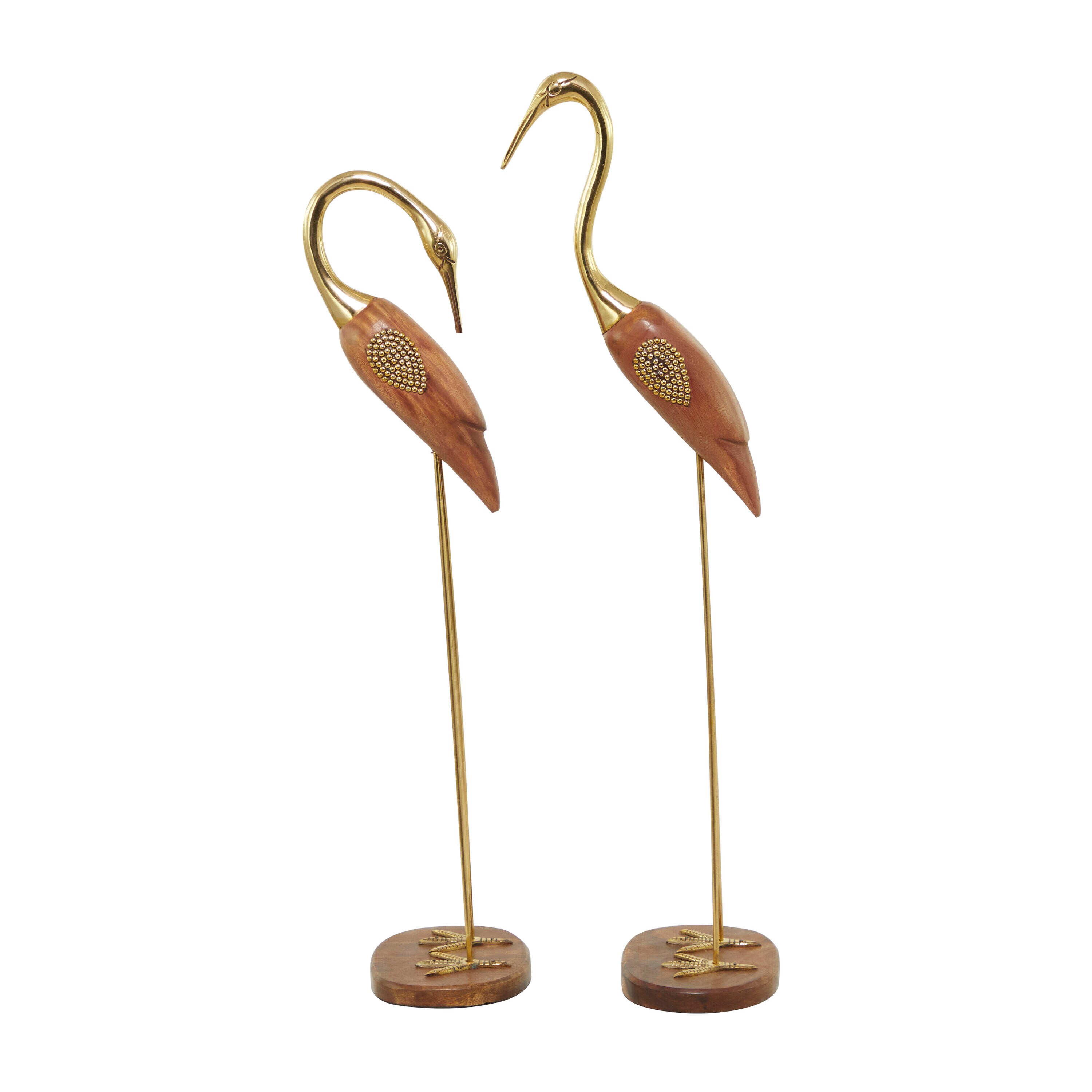 Gold and Wood Standing Egret Sculptures with Beaded Accents, 27"H