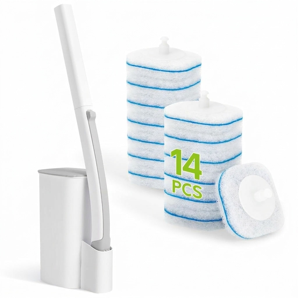 Justincity  Toilet Bowl Cleaner Wand Set with 14 Disposable Refills and Holder Bathroom Cleaning Kit Extended Handle Deep Cleans Under Rim
