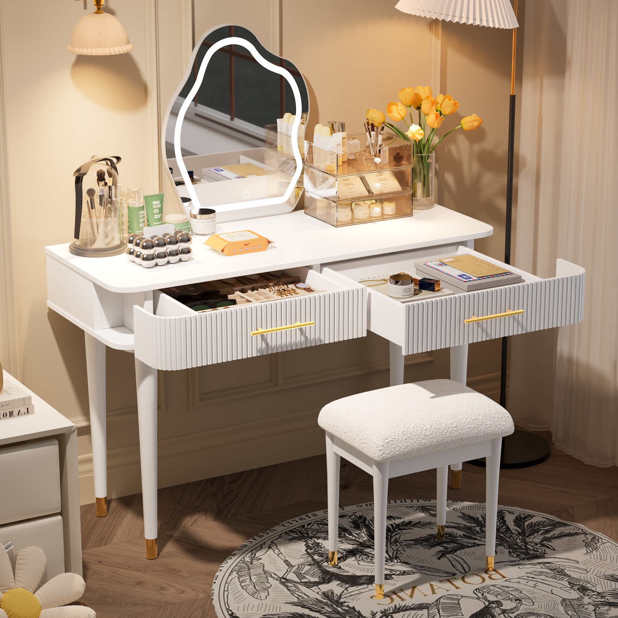 ModernLuxe N704P196657K 40inch Modern Vanity Table Set with Mirror Touch Screen Lighted Mirror Dressing Table and Cushioned Stool Set with 2 Large Drawers White