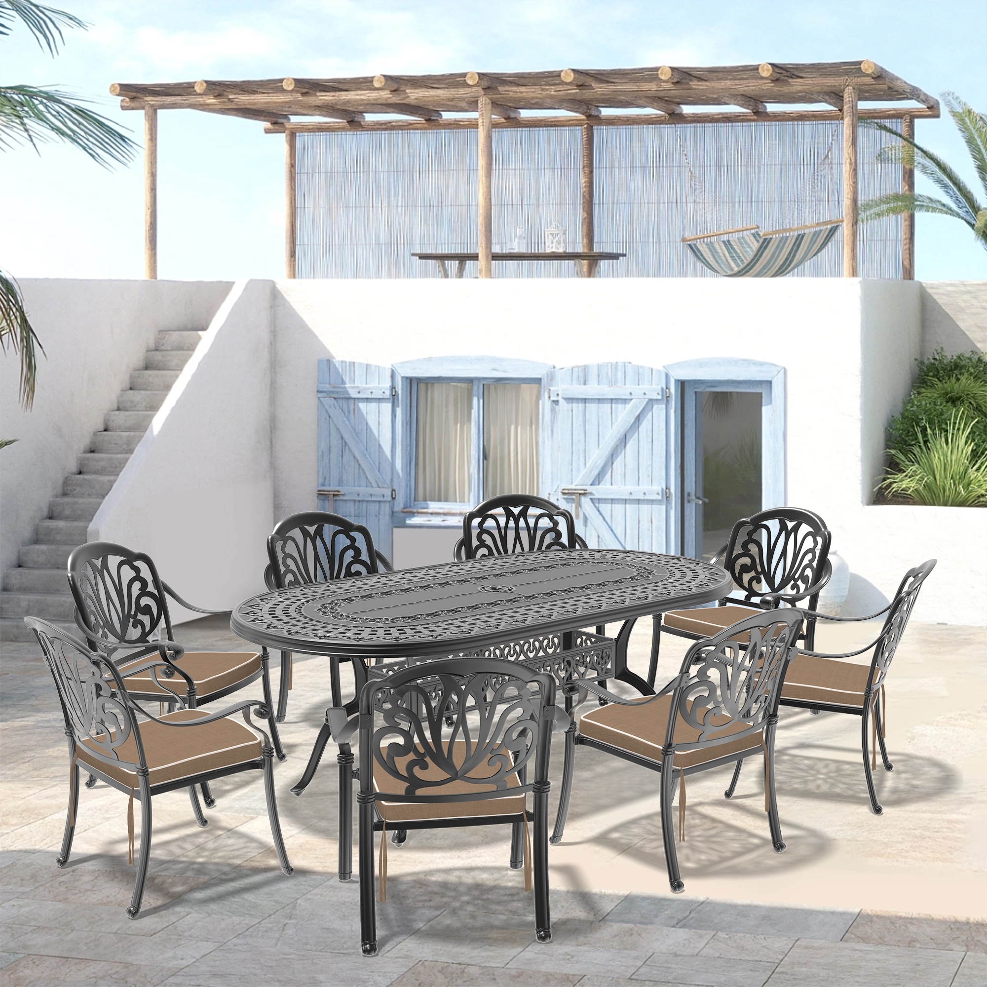 nicesure SLBK6002CZ8A1117RC 9 -Piece Black Patio Dining Set Aluminum Oval Table with 8 Cushions Stackable Stationary Chairs