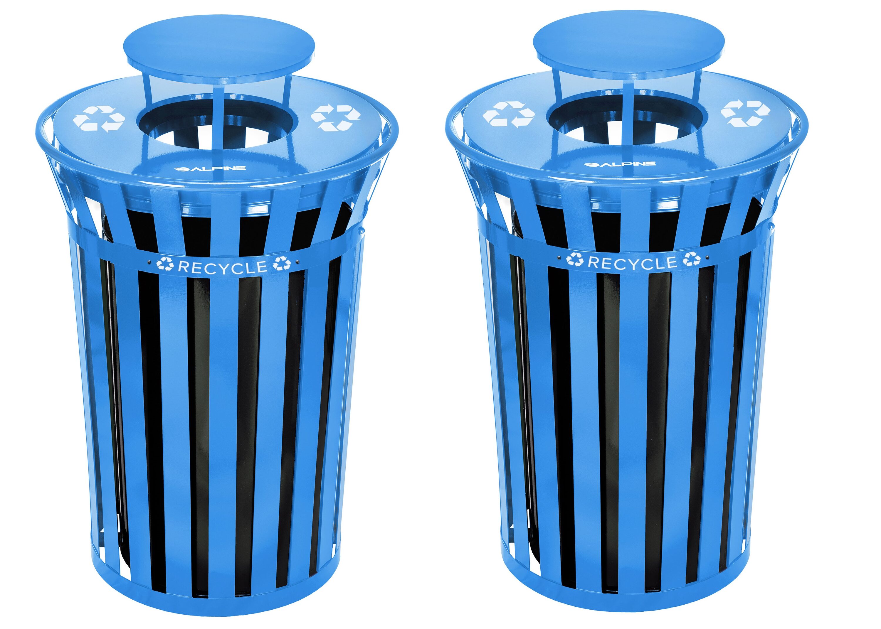 Alpine Industries 38 Gallon Blue Steel Slatted Commercial Outdoor Recycling Bin Receptacle with Rain Bonnet Lid and Removable Liner 2-Pack