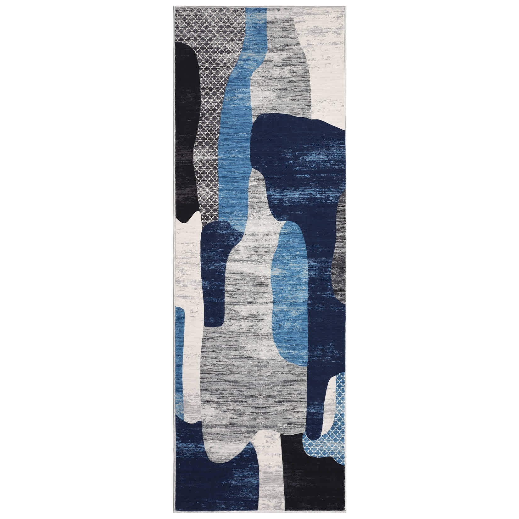 Qeetex LSN-PHK-34AVM48T 2 x 6 ft Polyester Imitation Cashmere Blue Rectangular Hallway Bathroom Entryway Kitchen Office Color Block Printed Modern Washable Area Rug