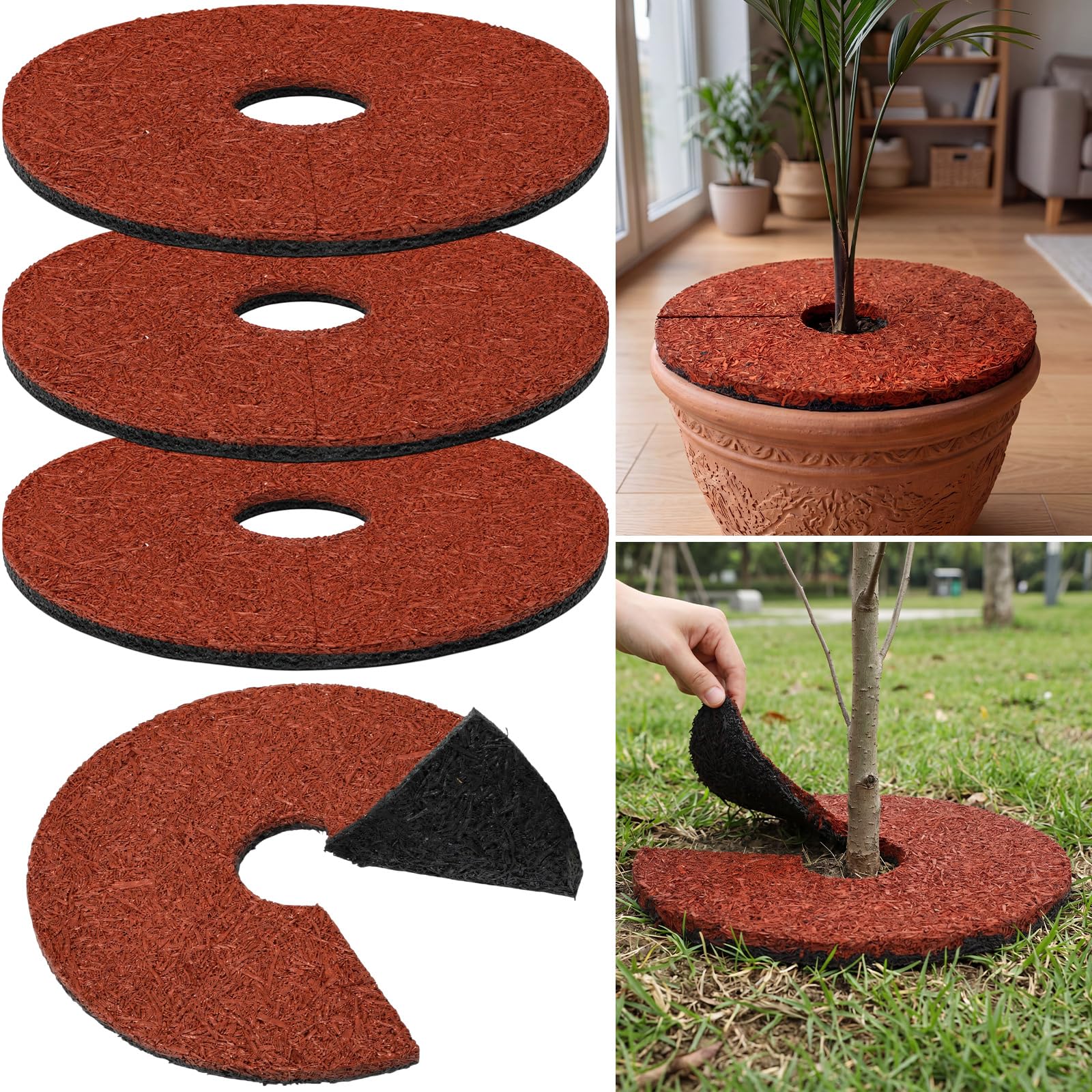 Ahfiwaso -  Double Side Rubber Mulch Tree Ring Set of Four Heavy Duty Tree Root Protector Mat Rev...
