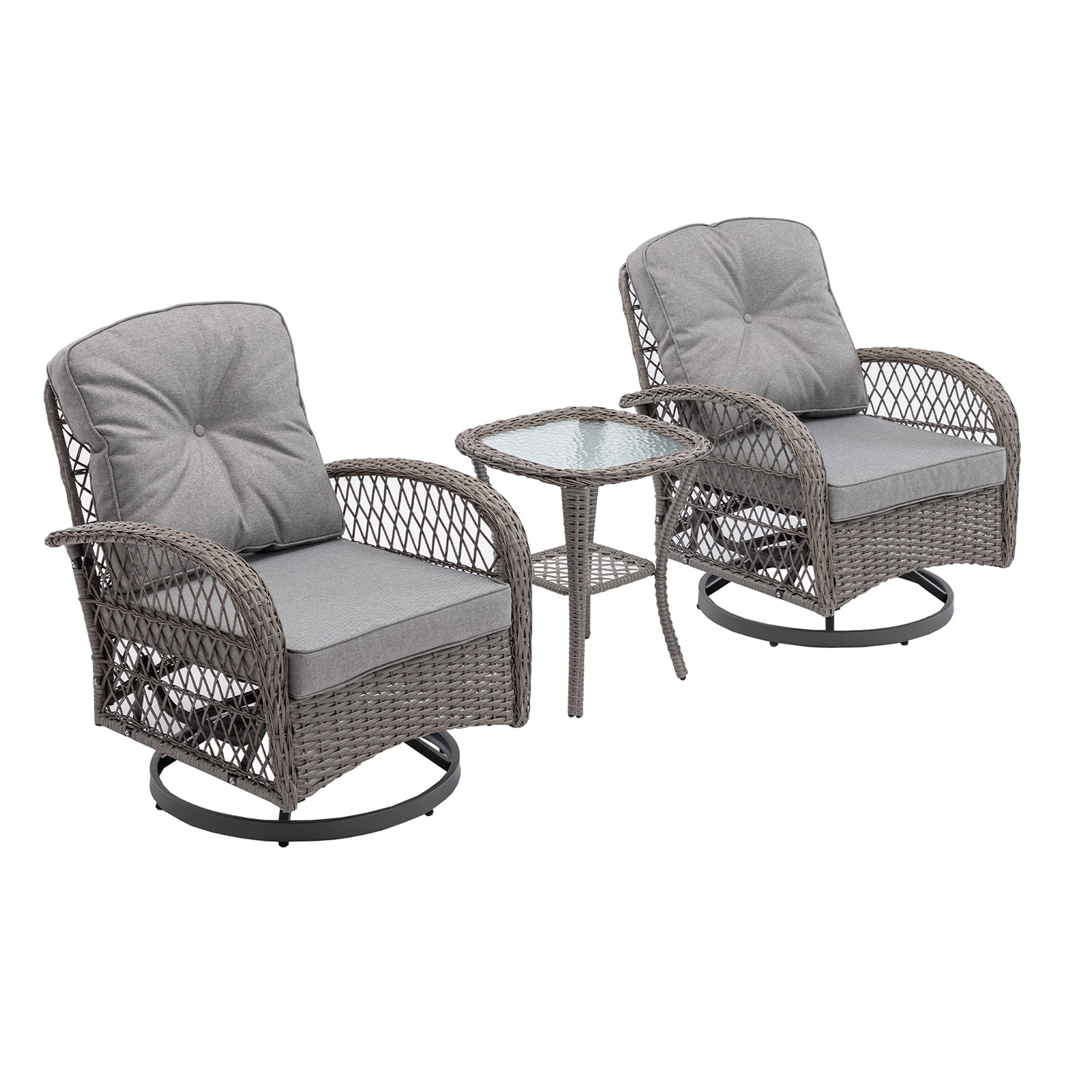 SINOFURN SYB060023GY Set of 2 Wicker Gray Rattan Frame Swivel Conversation Chair with Gray Cushioned Seat