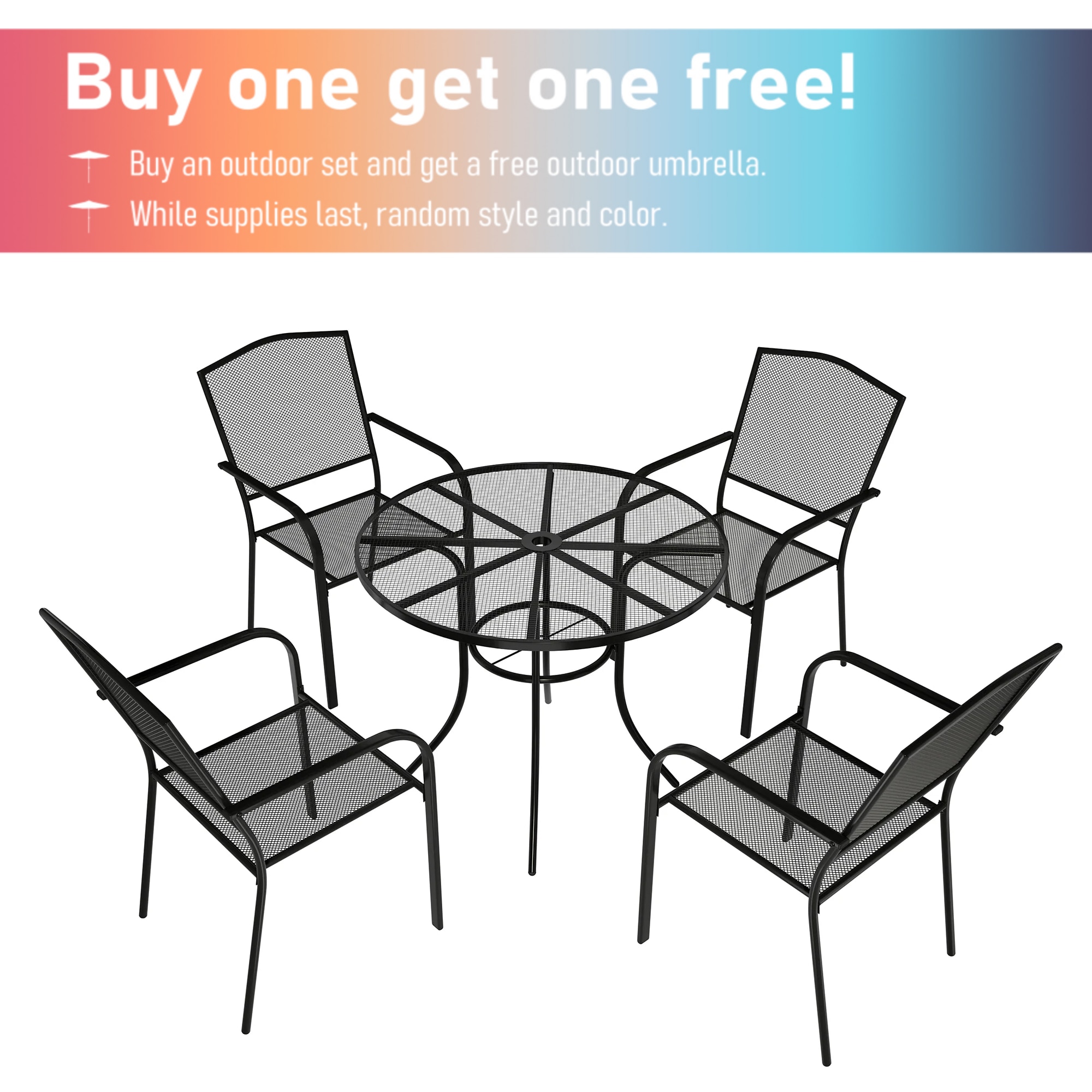 Mondawe MO-07SL4C1TROBL 5 -Piece Black Patio Dining Set Steel Round Table with 4 Stackable Stationary Chairs and Umbrella Included
