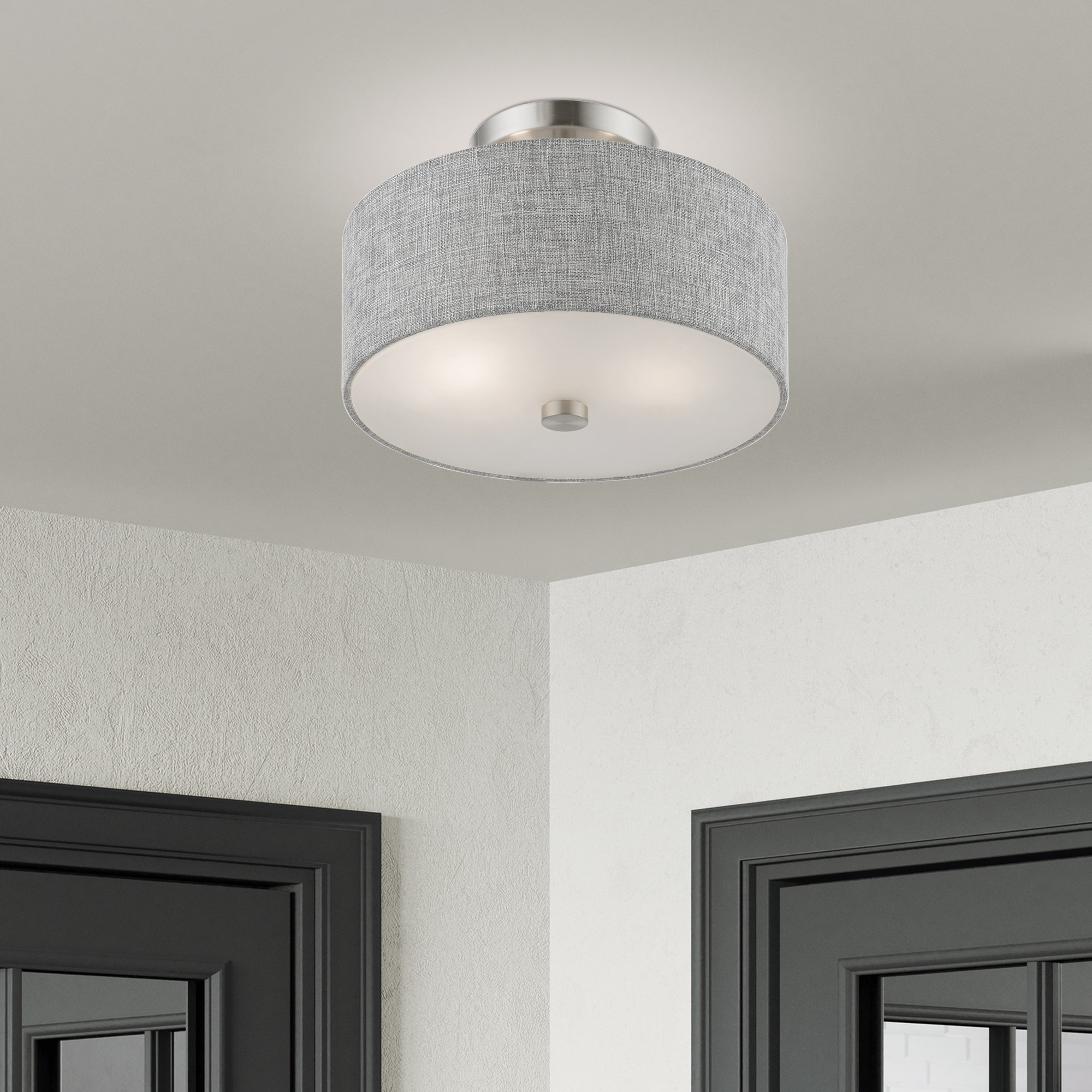 Urban Gray Fabric Drum Shade Semi-Flush Mount in Brushed Nickel