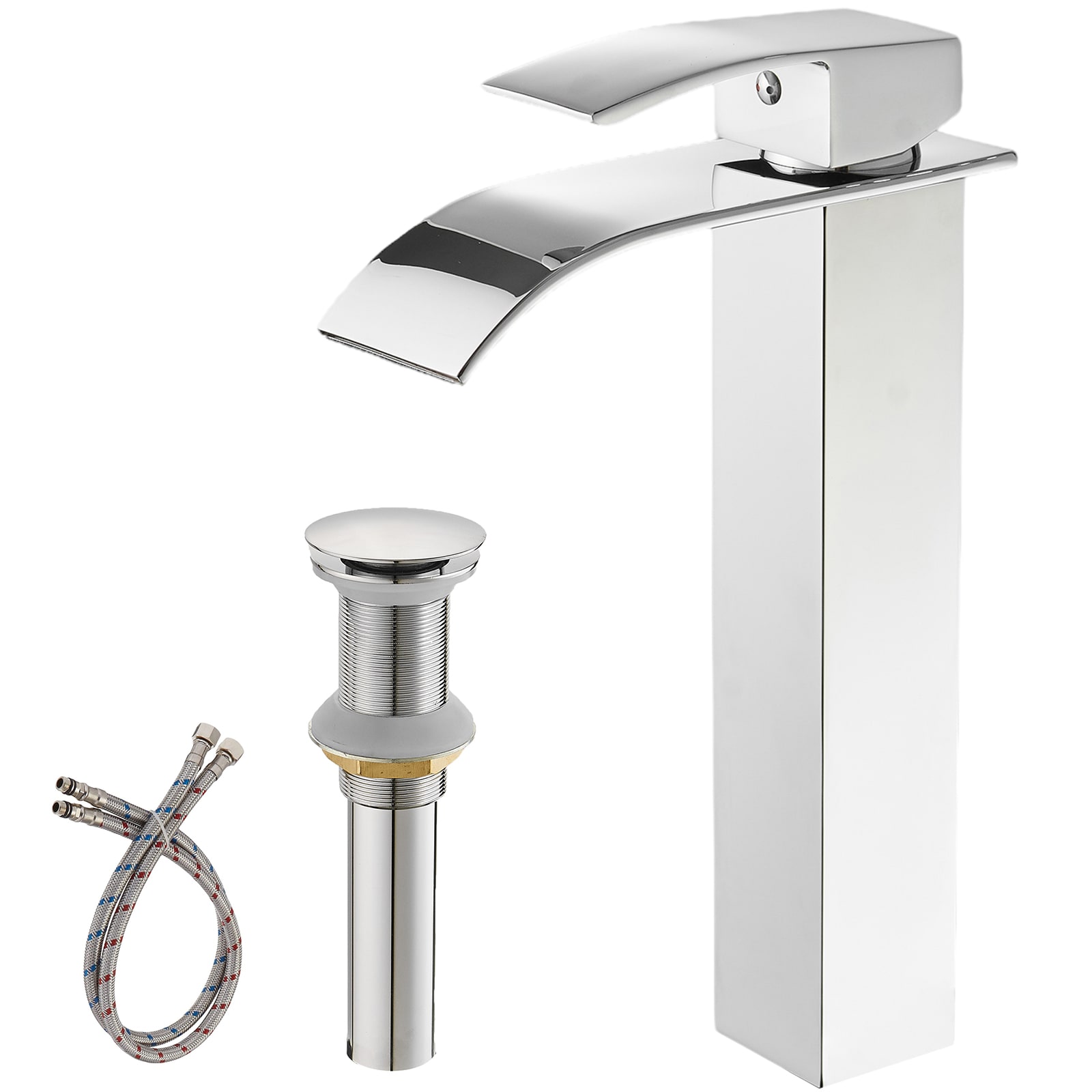 BWE A-96021H-C Polished Chrome Vessel 1-handle WaterSense Waterfall Commercial/Residential Handle Bathroom Sink Faucet with Drain
