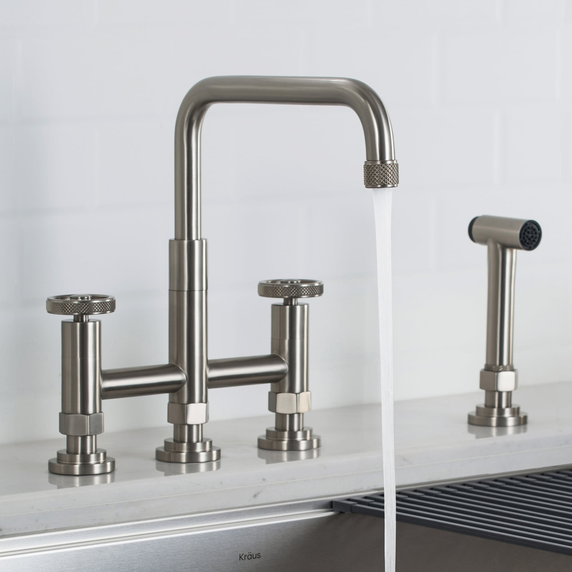 Kraus KPF-3125SFS Urbix Spot Free Stainless Steel Double Handle Deck-mount Bridge Kitchen Faucet ( Side Sprayer Included )