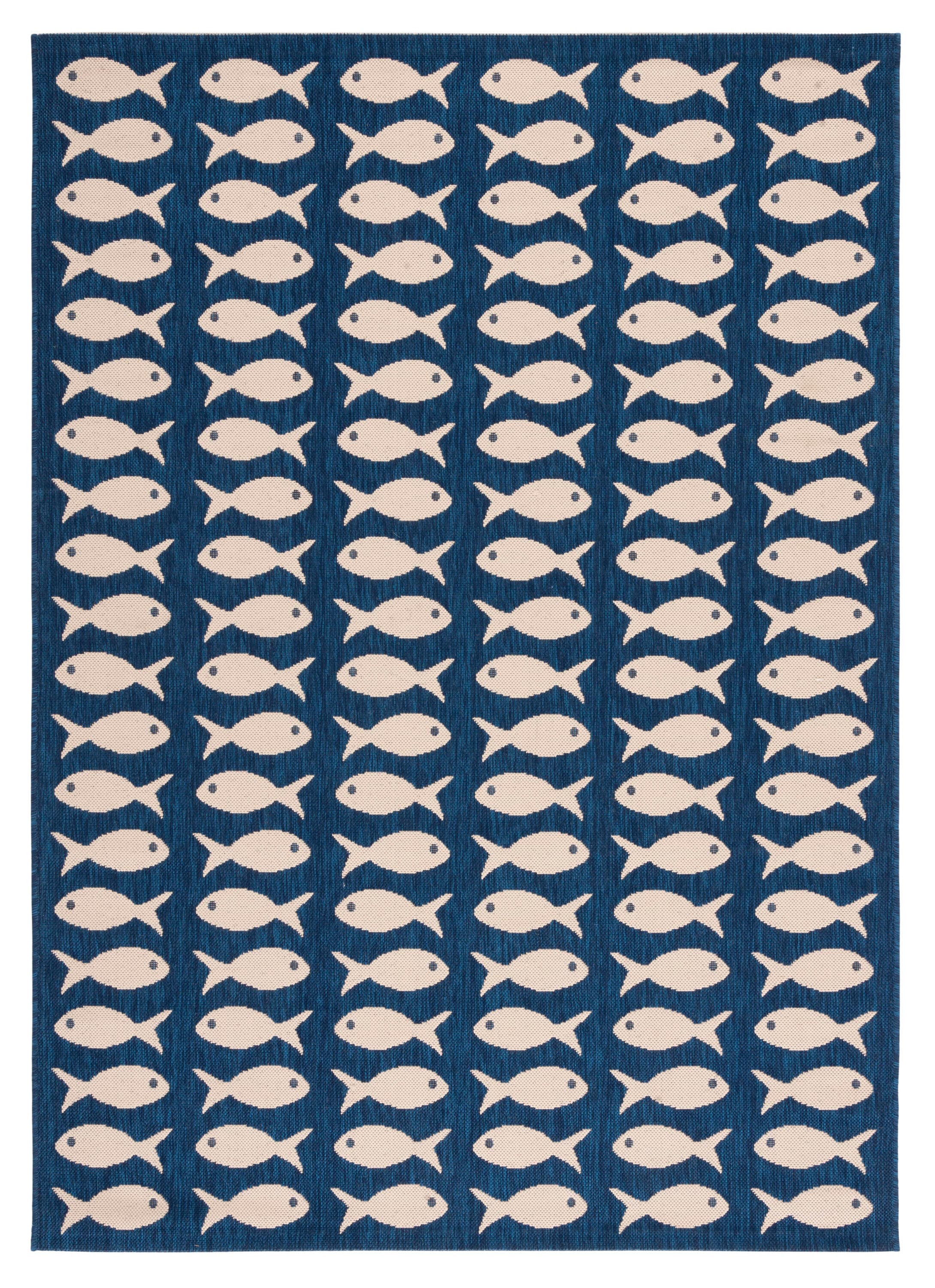Navy and Beige Synthetic 5' x 7' Easy-Care Outdoor Area Rug