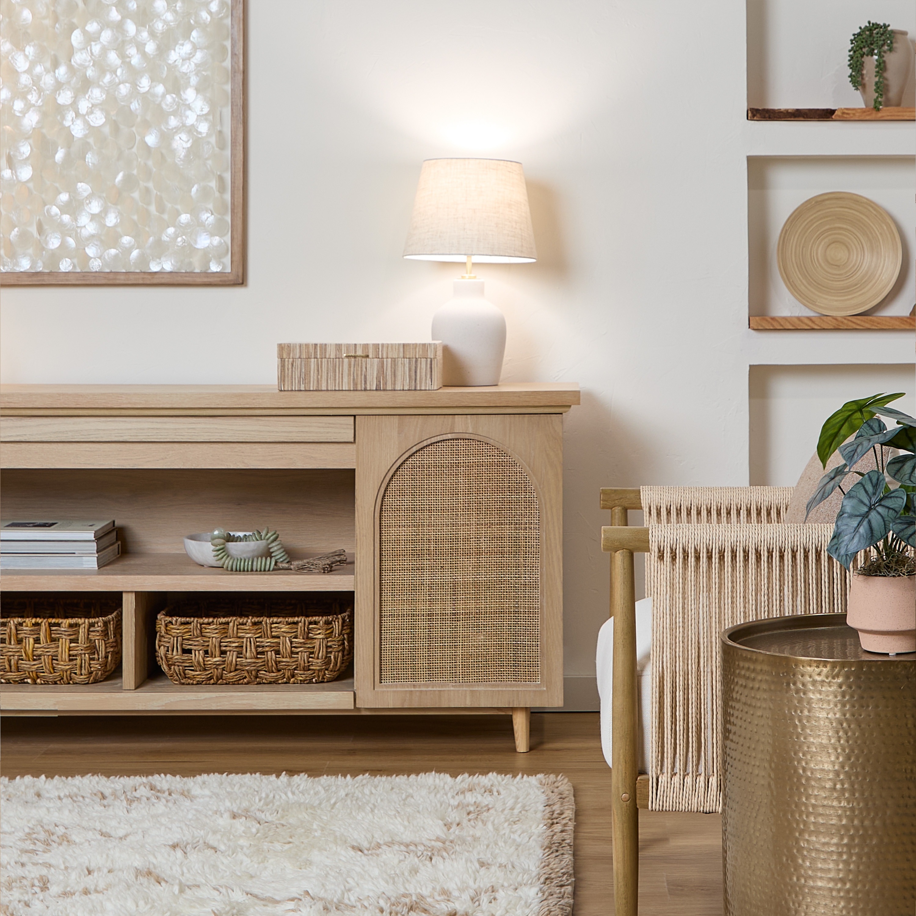 Dahlia 76" White Oak TV Stand with Fireplace and Cabinet