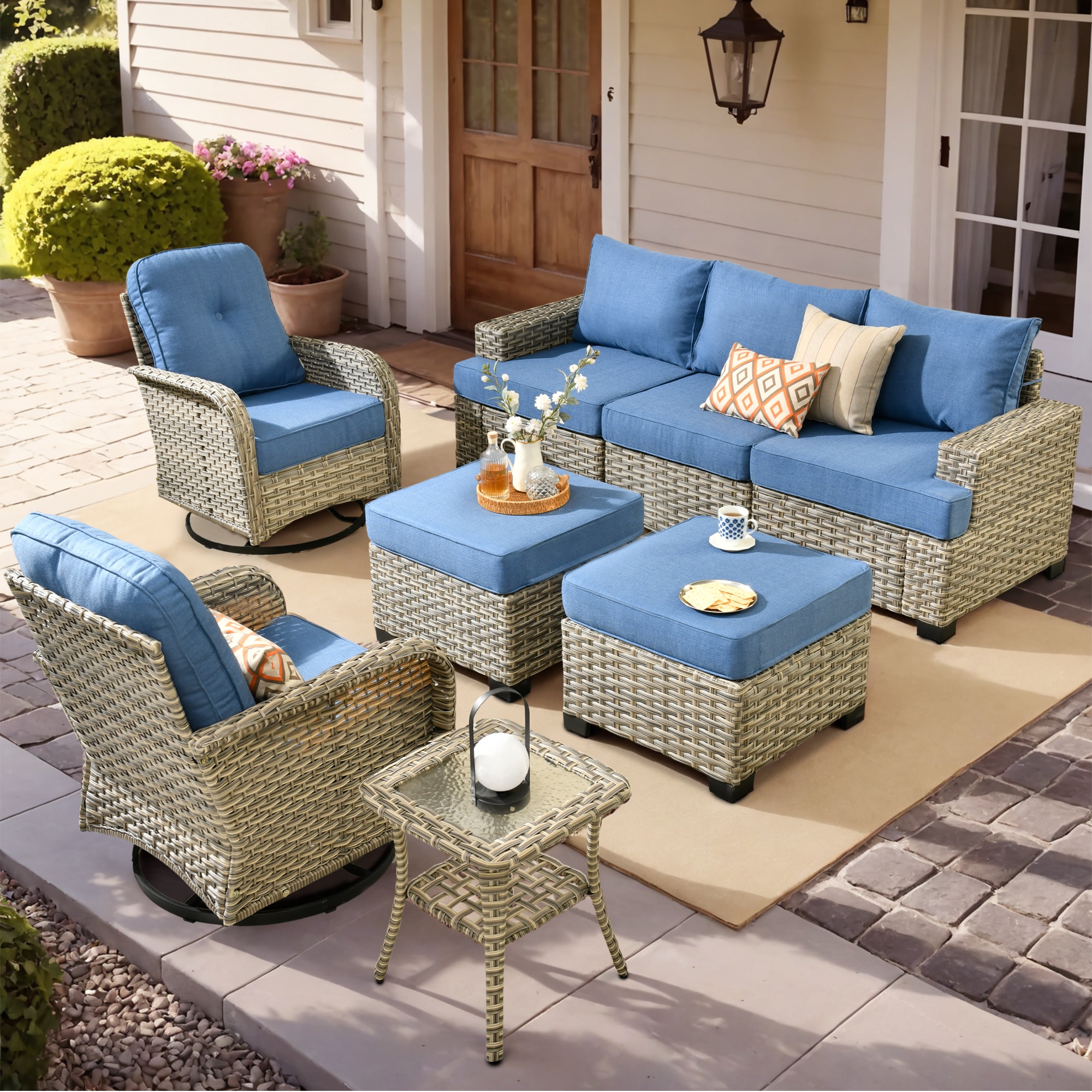 Caodoc L5-VYZTBS508-1 VYZTBS Rattan Outdoor Sectional with Blue Cushions and Wicker Frame