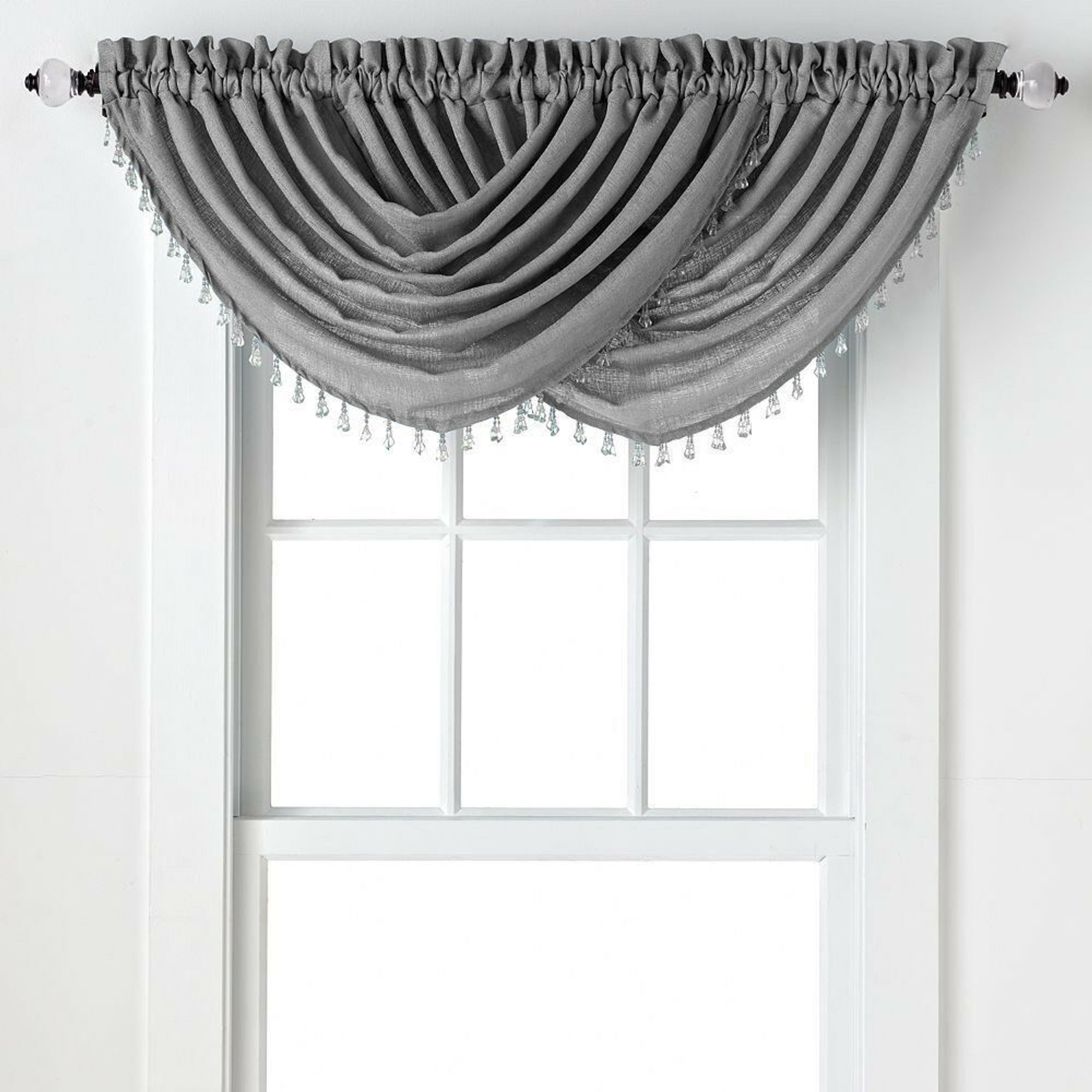 KATE AURORA 2-Pack: Beaded Emerald Crepe Waterfall Valances 44 in W x 37 in L Grey