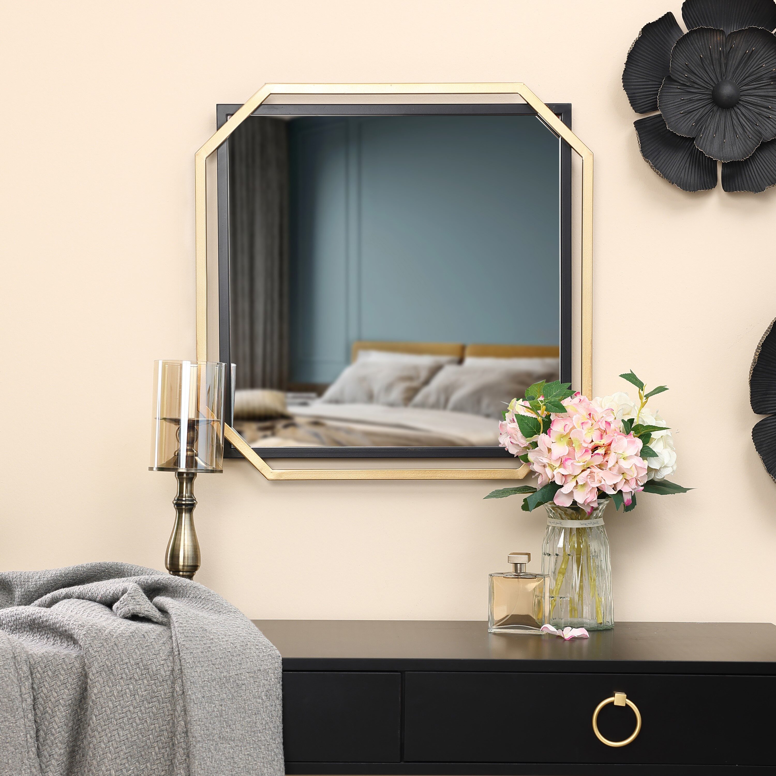 Square Gold and Black Metal Floating Frame Wall Mirror