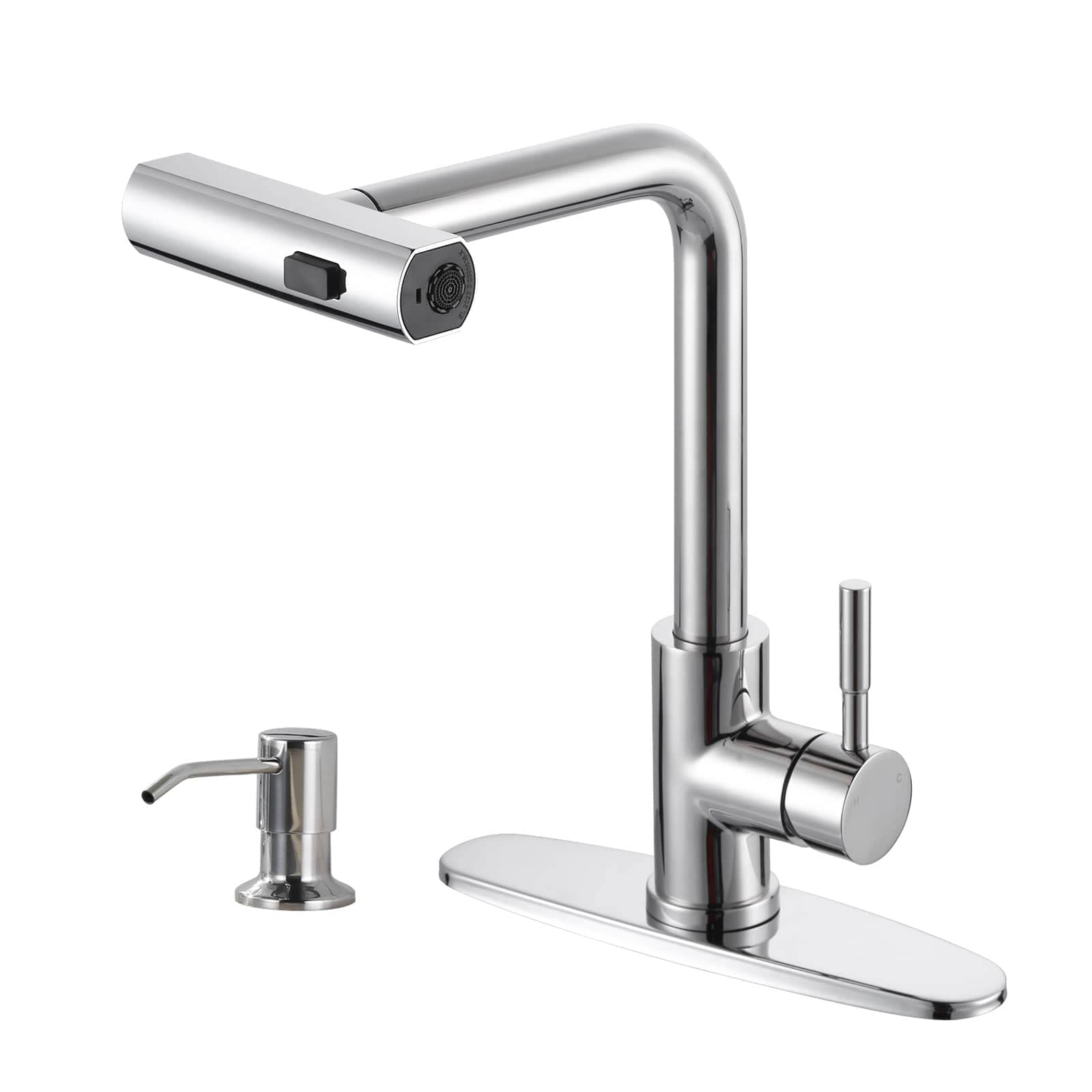 ALEASHA Stainless Steel 13.5-in H Single Handle Waterfall Pull Out Sprayer Kitchen Faucet with 3-Spray Modes and Soap Dispenser in Polished Chrome