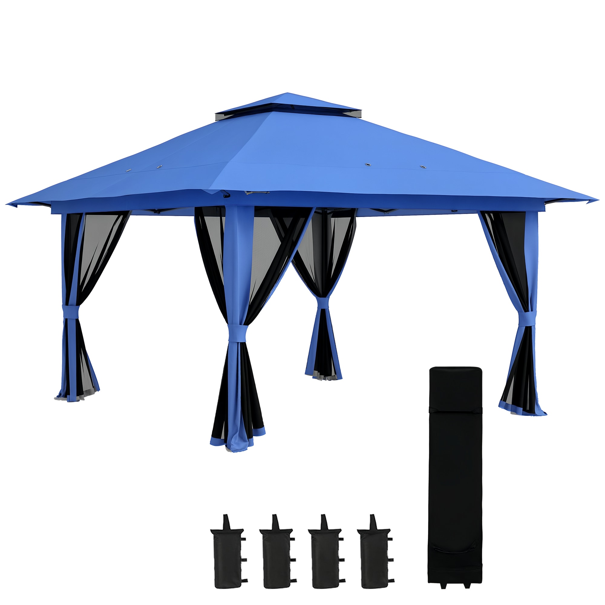 Outsunny 84C-353V00BU 13' x 13' Pop Up Canopy Gazebo Tent with Netting Weight Bags Adjustable Height  Wheeled Carry Bag Blue
