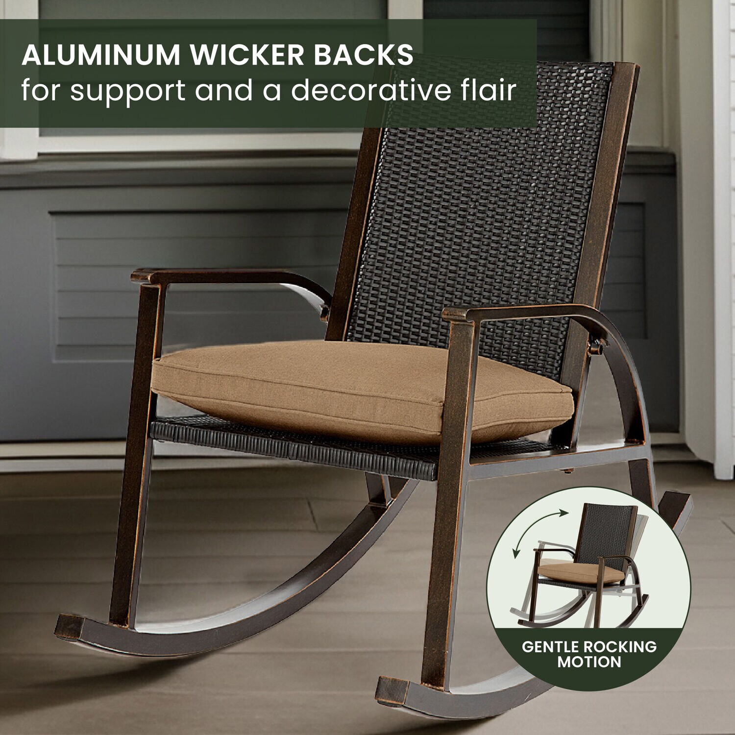 Beige Aluminum Wicker Back Rocking Chair with Cushions
