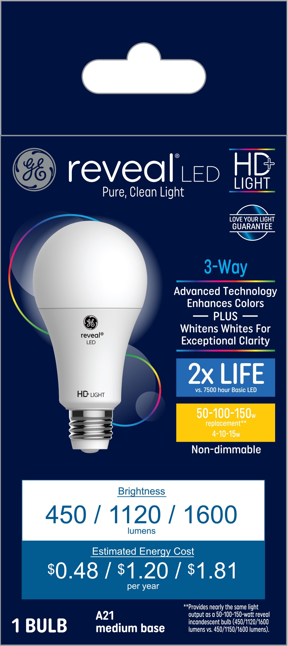 Reveal HD 150-Watt EQ A21 Color-enhancing Medium Base (e-26) Dimmable LED Light Bulb | - GE 46320