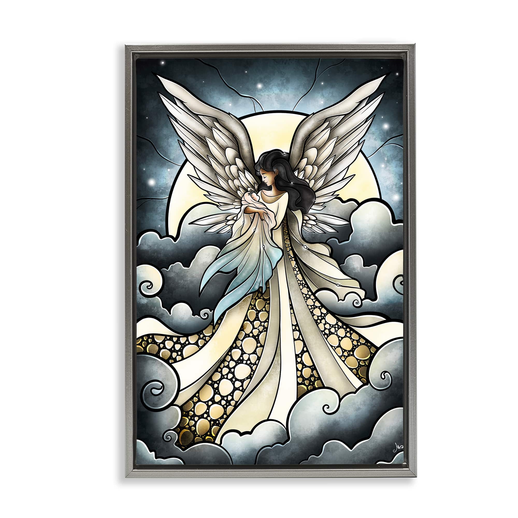Stupell Industries BS-987-FFL-20X30 Classic Angel and Baby in Clouds Gray Framed Floater Canvas Wall Art By Mandie Manzano 21 x 31