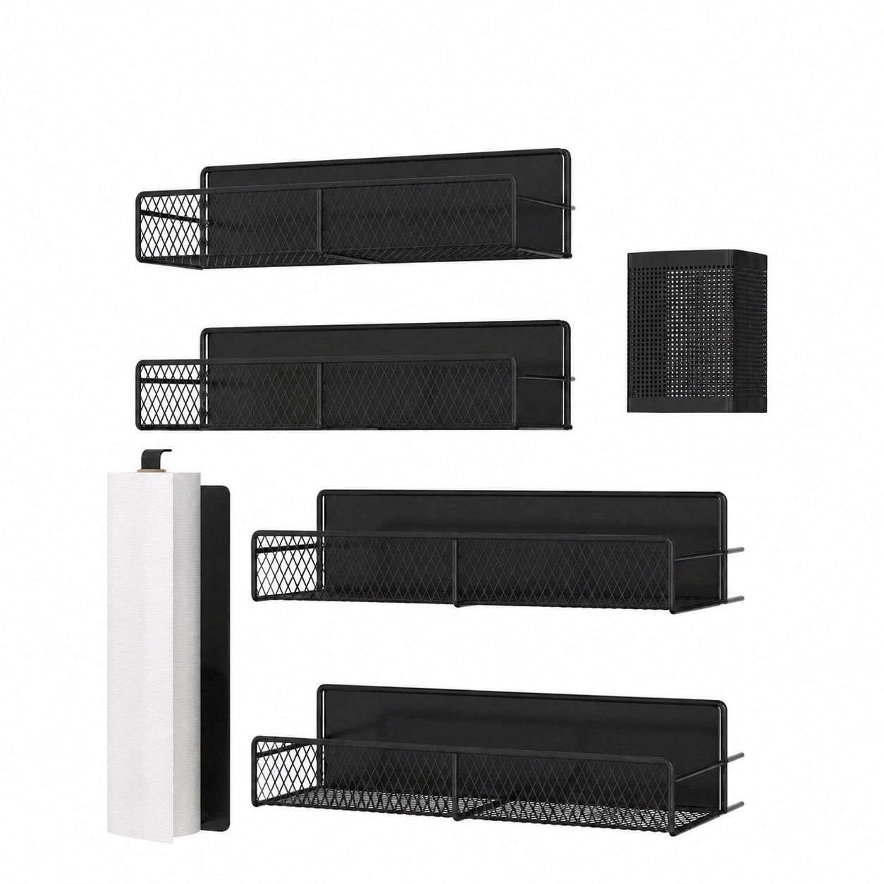 Aoibox  Magnetic Spice Rack for Refrigerator 6 Piece Metal Shelf Set with Paper Towel Holder and Utensil Racks Black