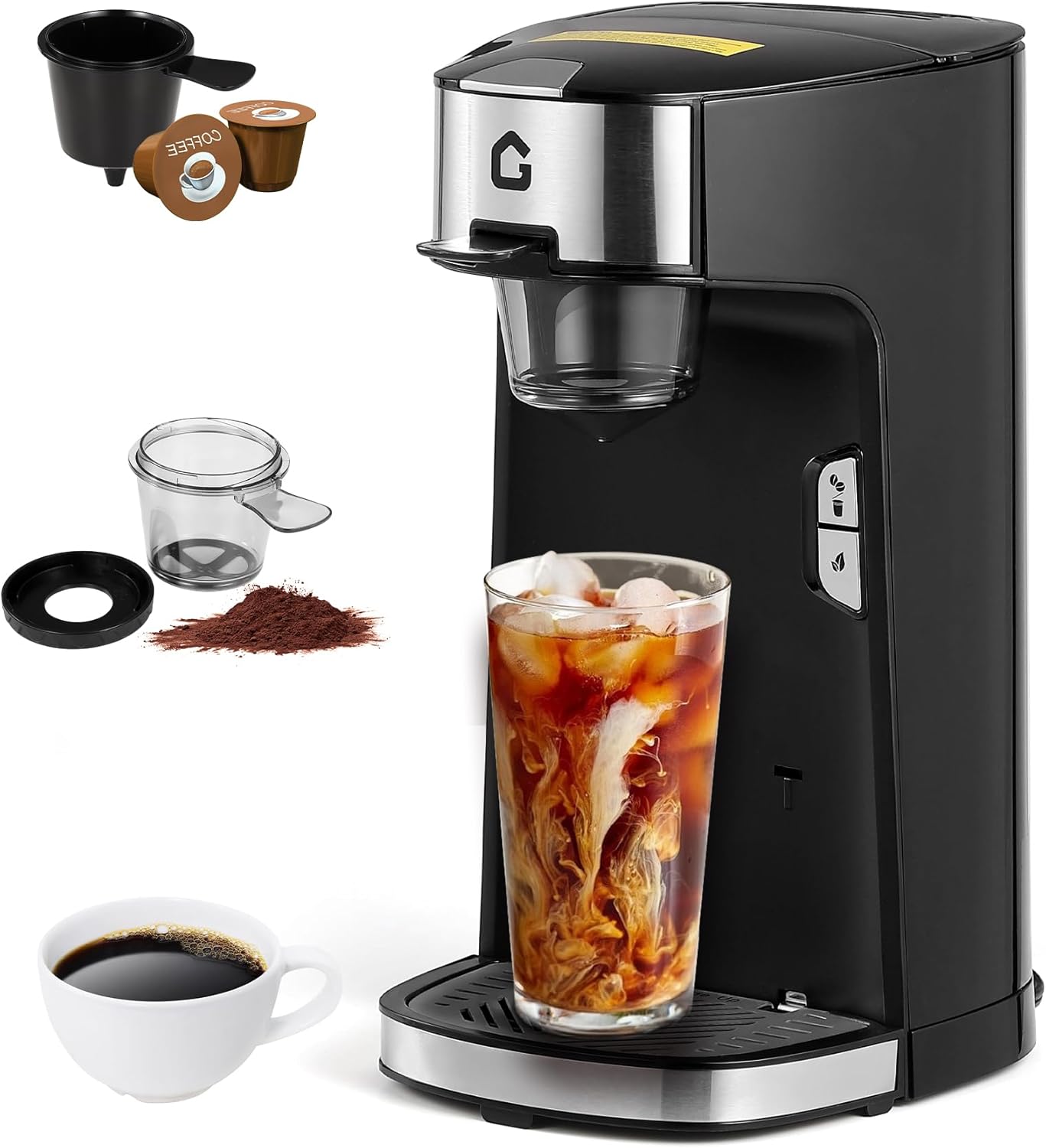 Garvee GWPHO-33MSNGEY Single Serve Coffee Maker Small K Pod Coffee Machine for Capsule Ground Tea Bag Hot  Iced Coffee Maker 18.6 Oz Tank