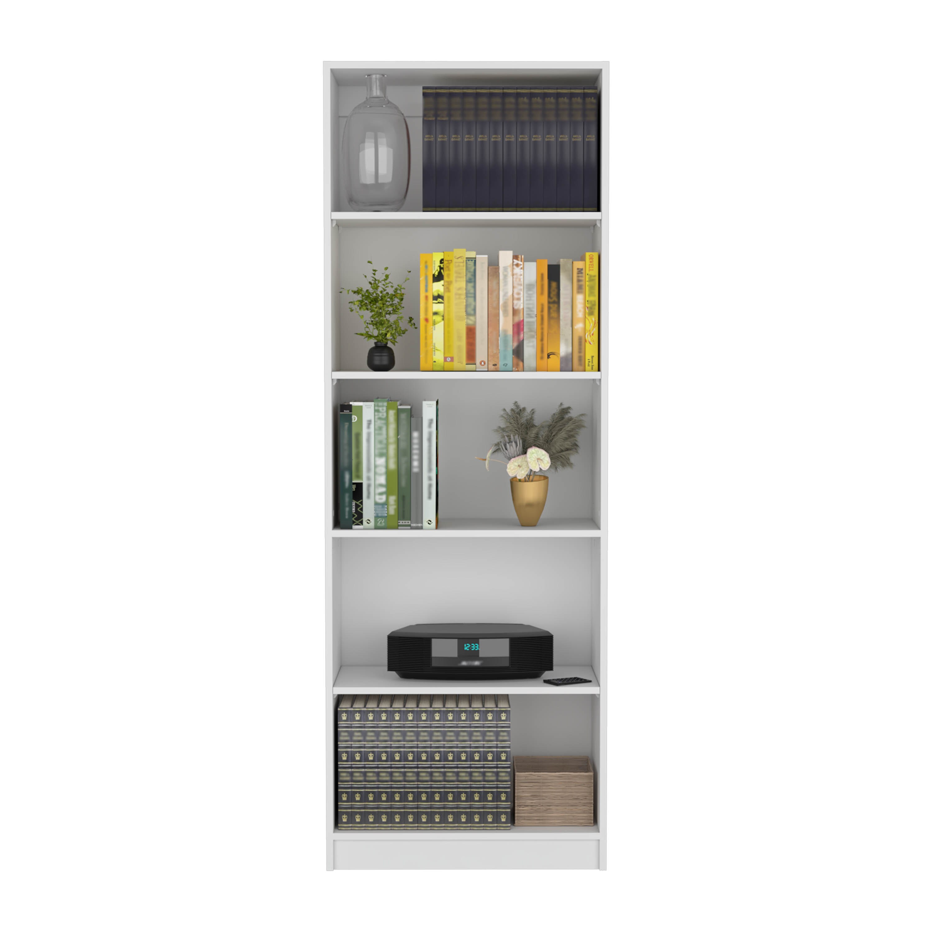 White Adjustable 5-Shelf Wooden Bookcase