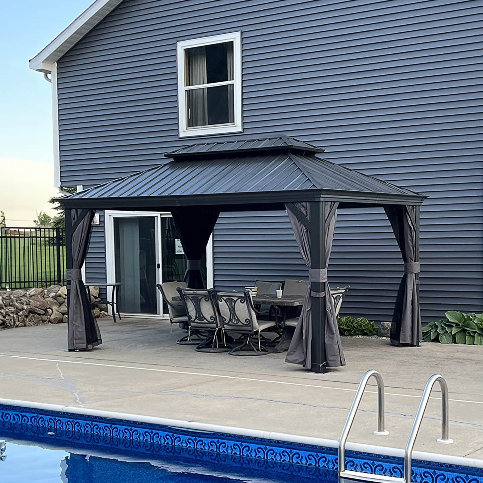 PURPLE LEAF LS04GHTG1014-H 10-ft x 14-ft Permanent Hardtop Gazebo Gray Gazebo with Hardtop Roof (Screen Included)