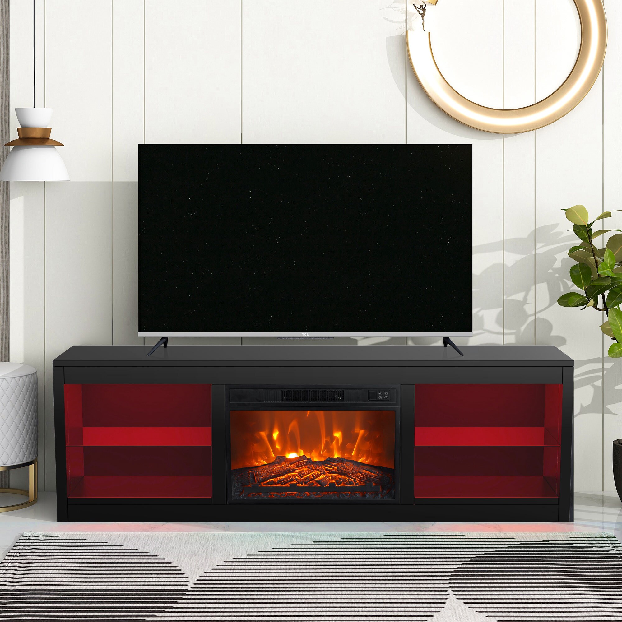 IHOMEadore 66-in W Black TV Stand with Fan-forced Flat Wall Electric Fireplace with Remote Control Included