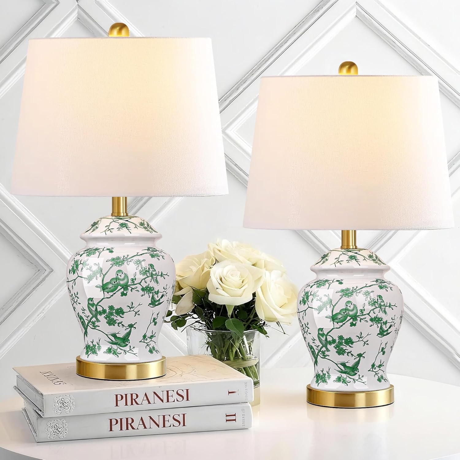 Cinoton Chinoiserie Ceramic Table Lamps Set of 2 for Living Room Vintage Traditional Bedside Lamps for Nightstands Large Green and White Table Lamp for Bedroom Cottage Gold