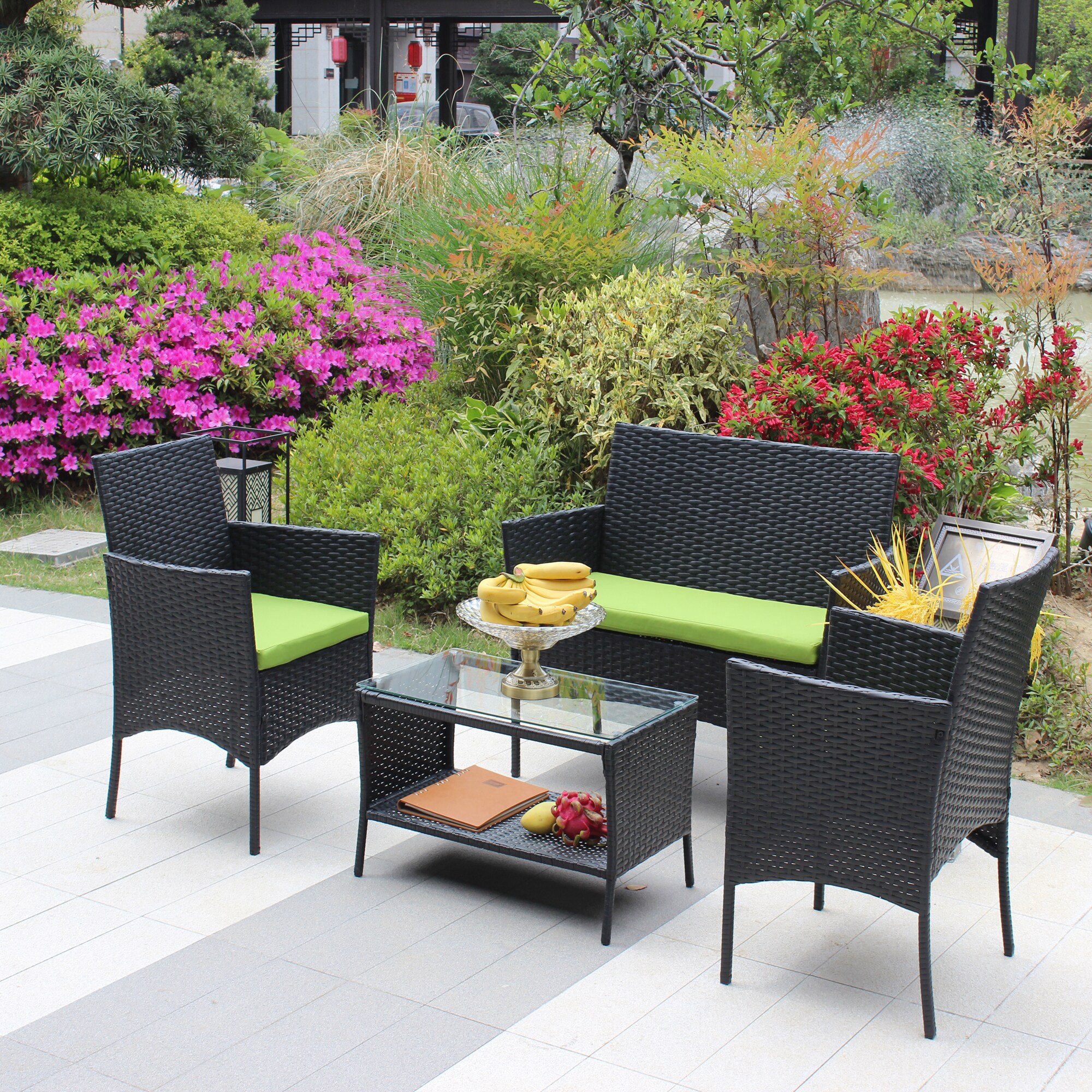 ModernLuxe L-W20985038 4 -Piece Wicker Patio Conversation Set with Green Cushions