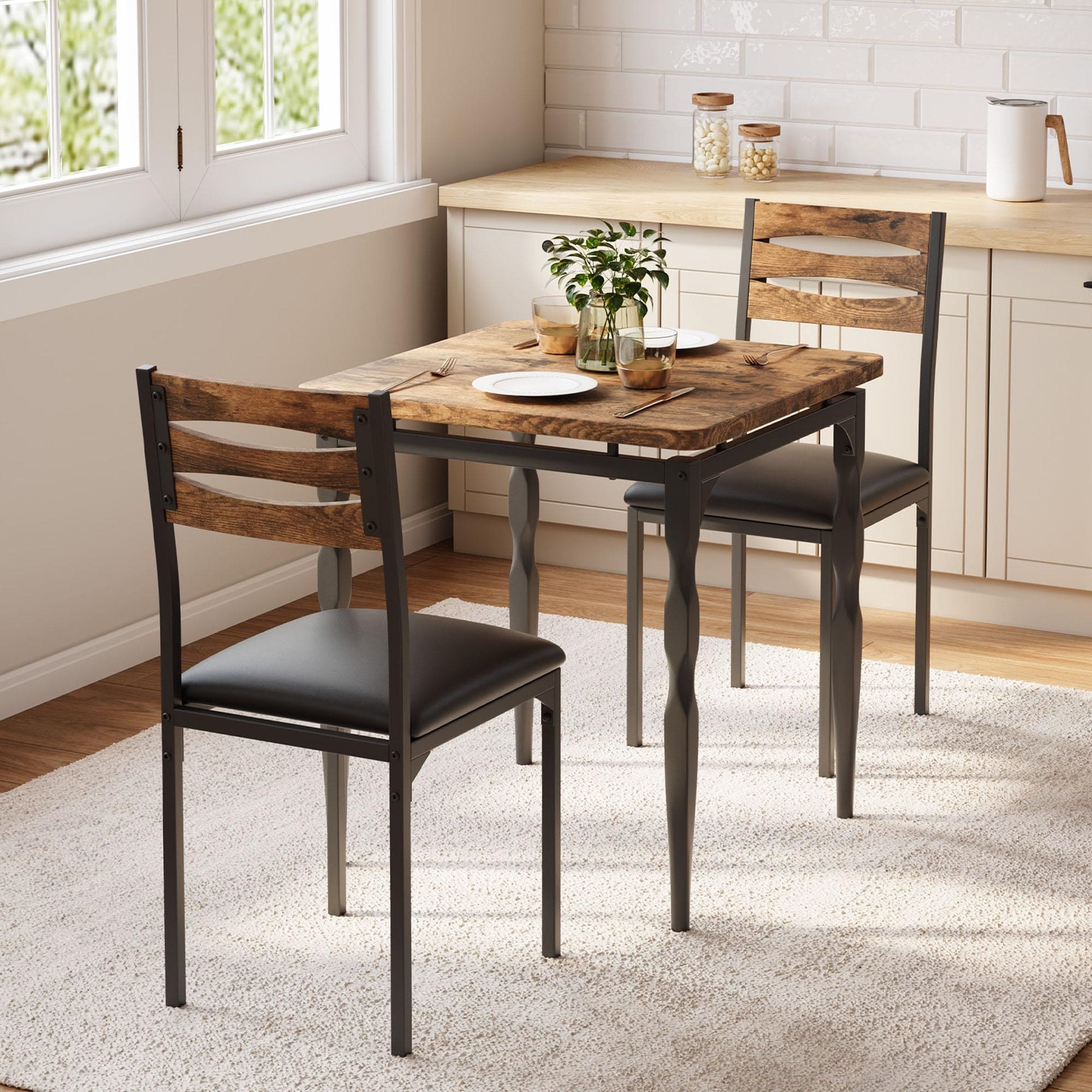 Garvee Table Set for 2 Dining Table and Chairs Set of 2 3 Piece Dining Table Set with Spiral Table Legs for Small Spaces Kitchen Apartment Brown