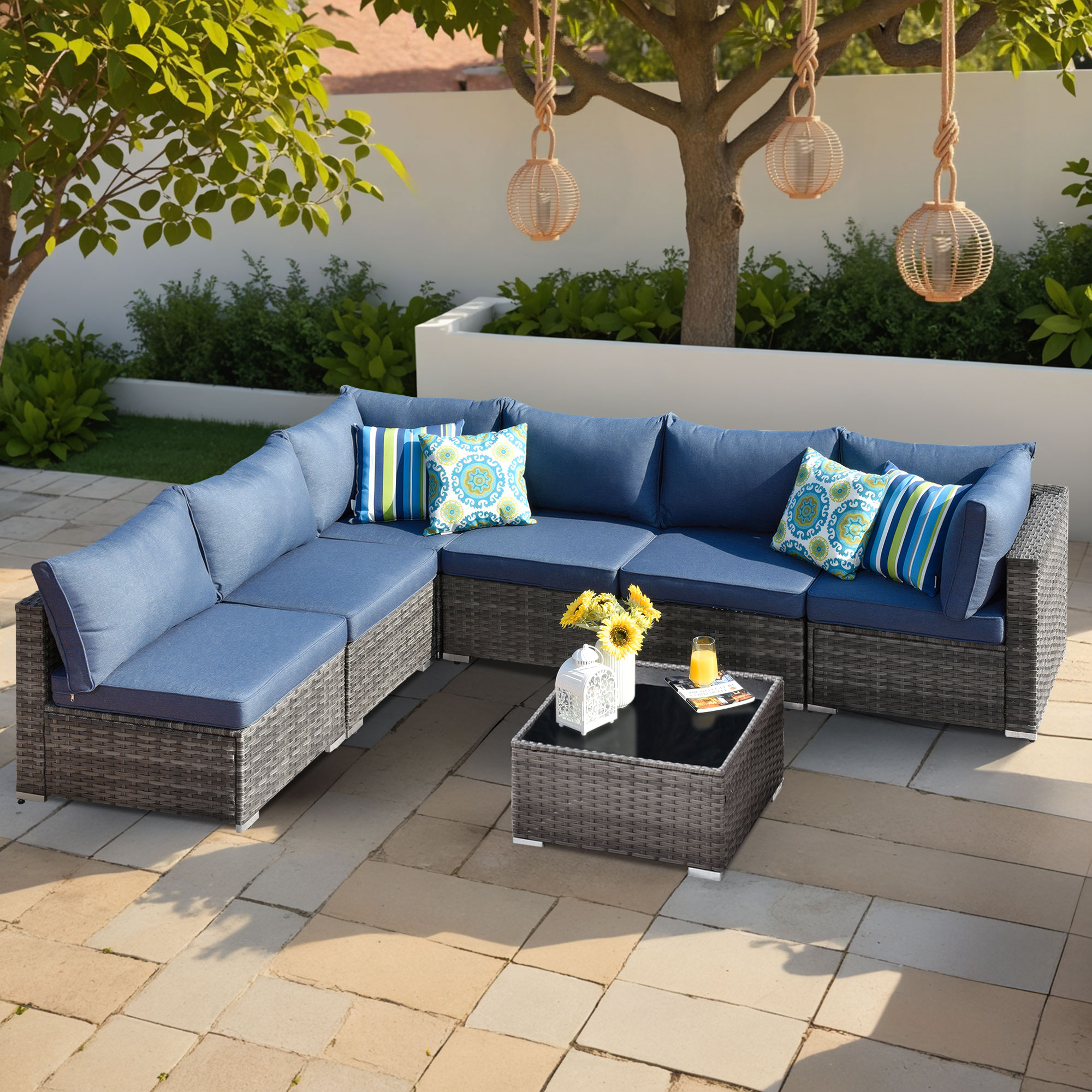 Pouuin SHOP307 Wicker Outdoor Sectional with Blue Cushions and Wicker Frame