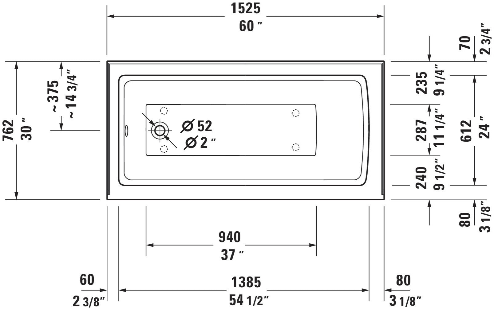 Architec 60" White Acrylic Alcove Soaking Bathtub
