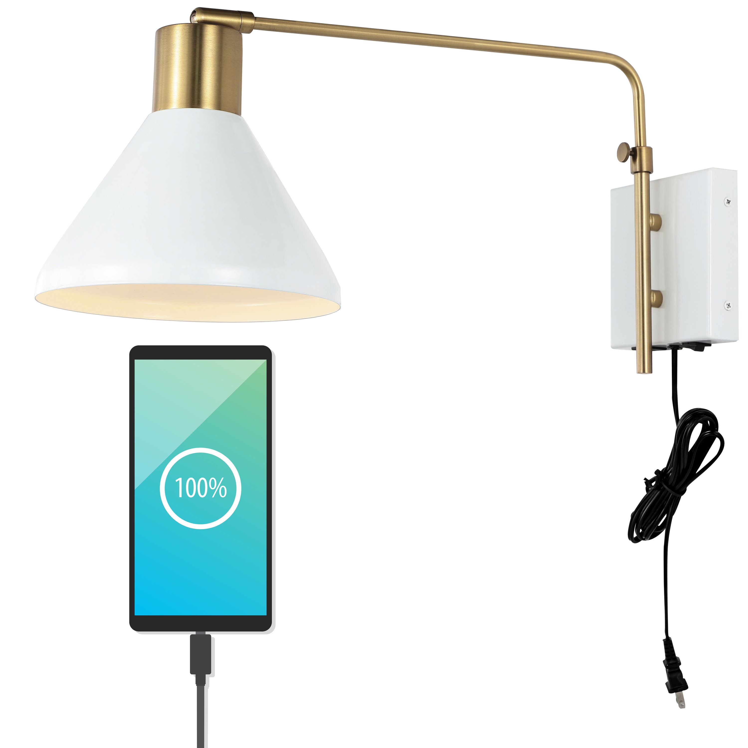 JONATHAN  Y JYL1303A Max Iron Swing Arm with USB Charging Port Mid-Century 8-in W 1 -Light Satin White Wall Sconce