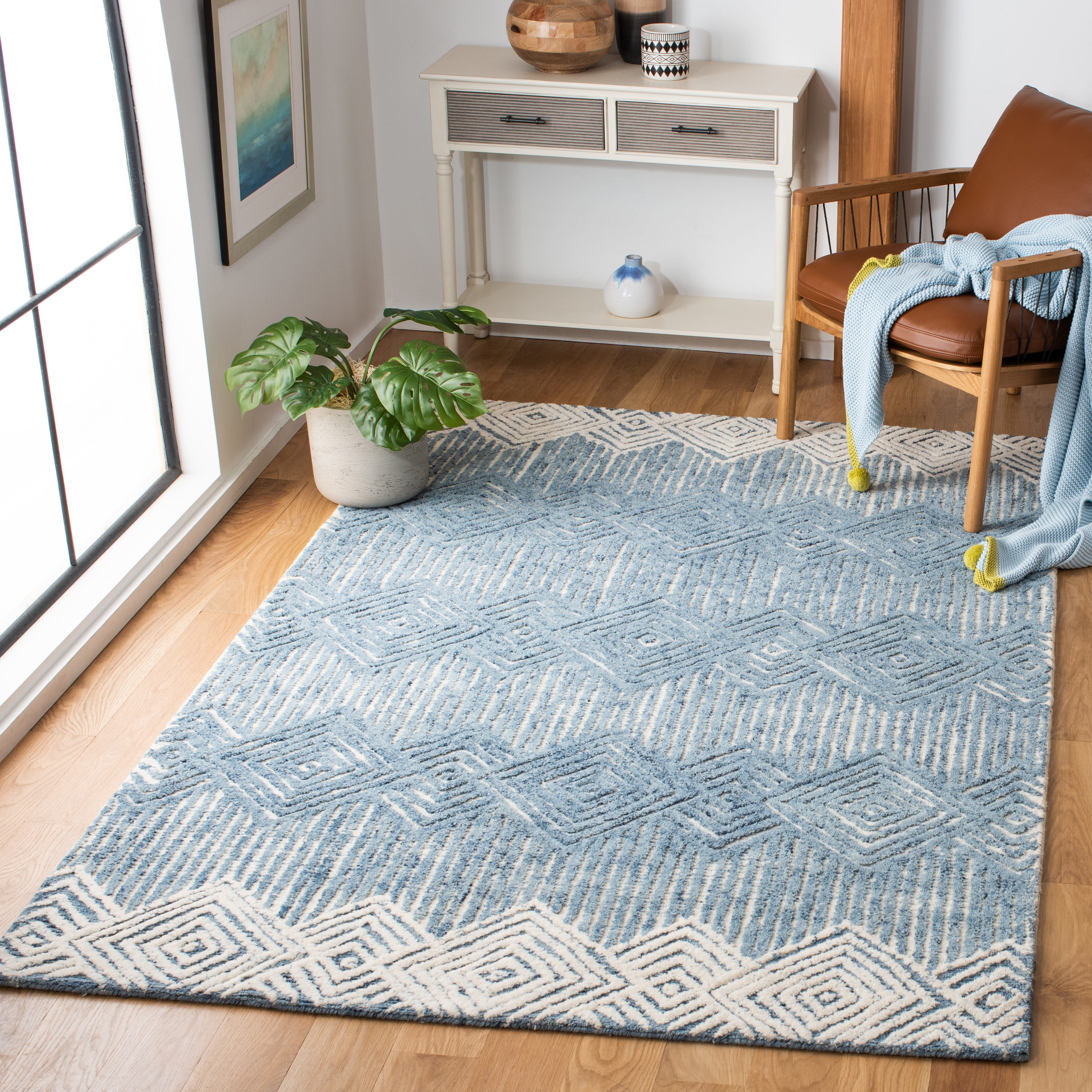 Hand-Tufted Square Wool Rug in Blue and Ivory - 6'x6'