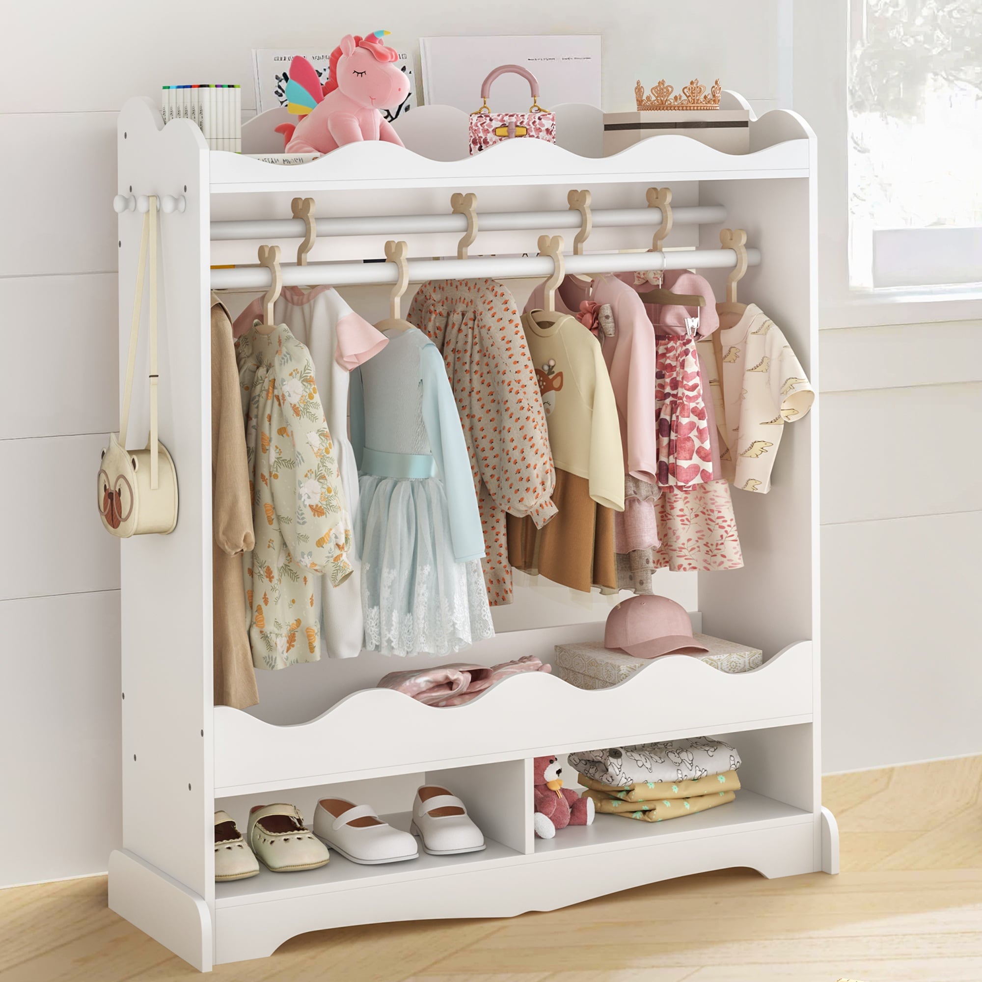 Hosworth - Kids Dress Up Storage with Mirror Wooden Armoire Wardrobe Closet for Bedroom White