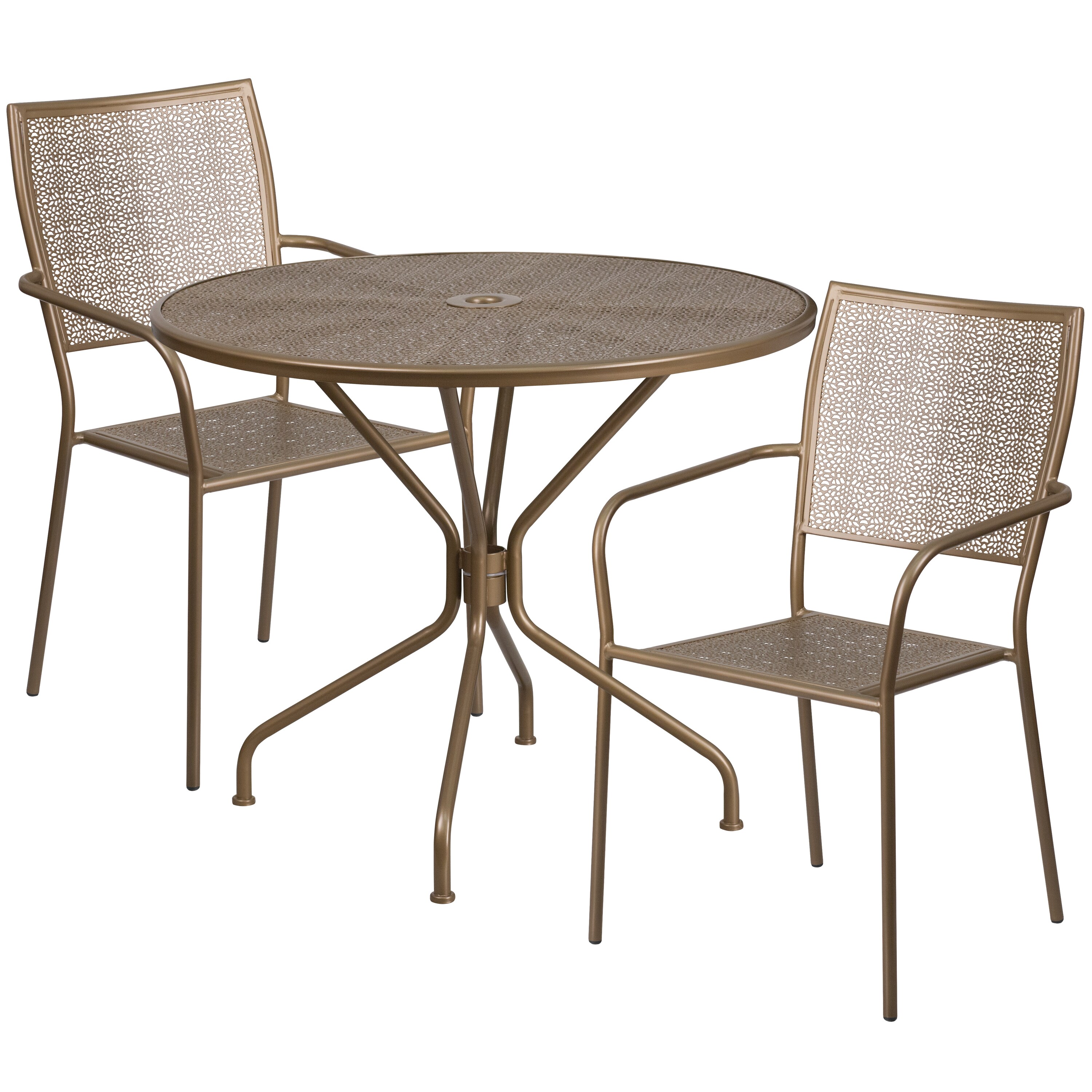 Flash Furniture 889142079170 Oia 3 -Piece Gold Patio Dining Set Steel Round Table with 2 Stackable Stationary Chairs