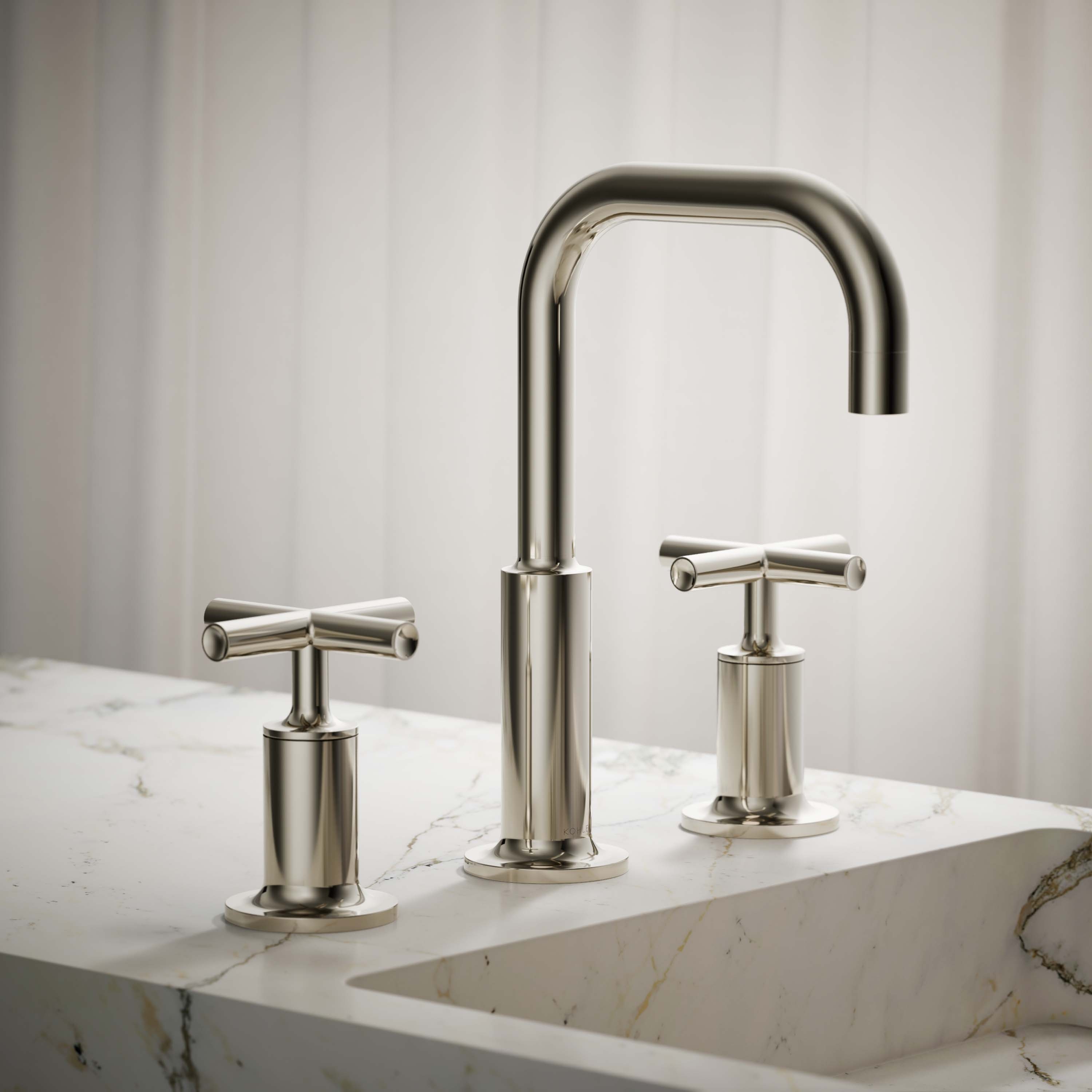 KOHLER 14406-3-SN Purist Vibrant Polished Nickel Widespread 2-handle WaterSense Mid-arc Commercial/Residential Handle Bathroom Sink Faucet with Drain