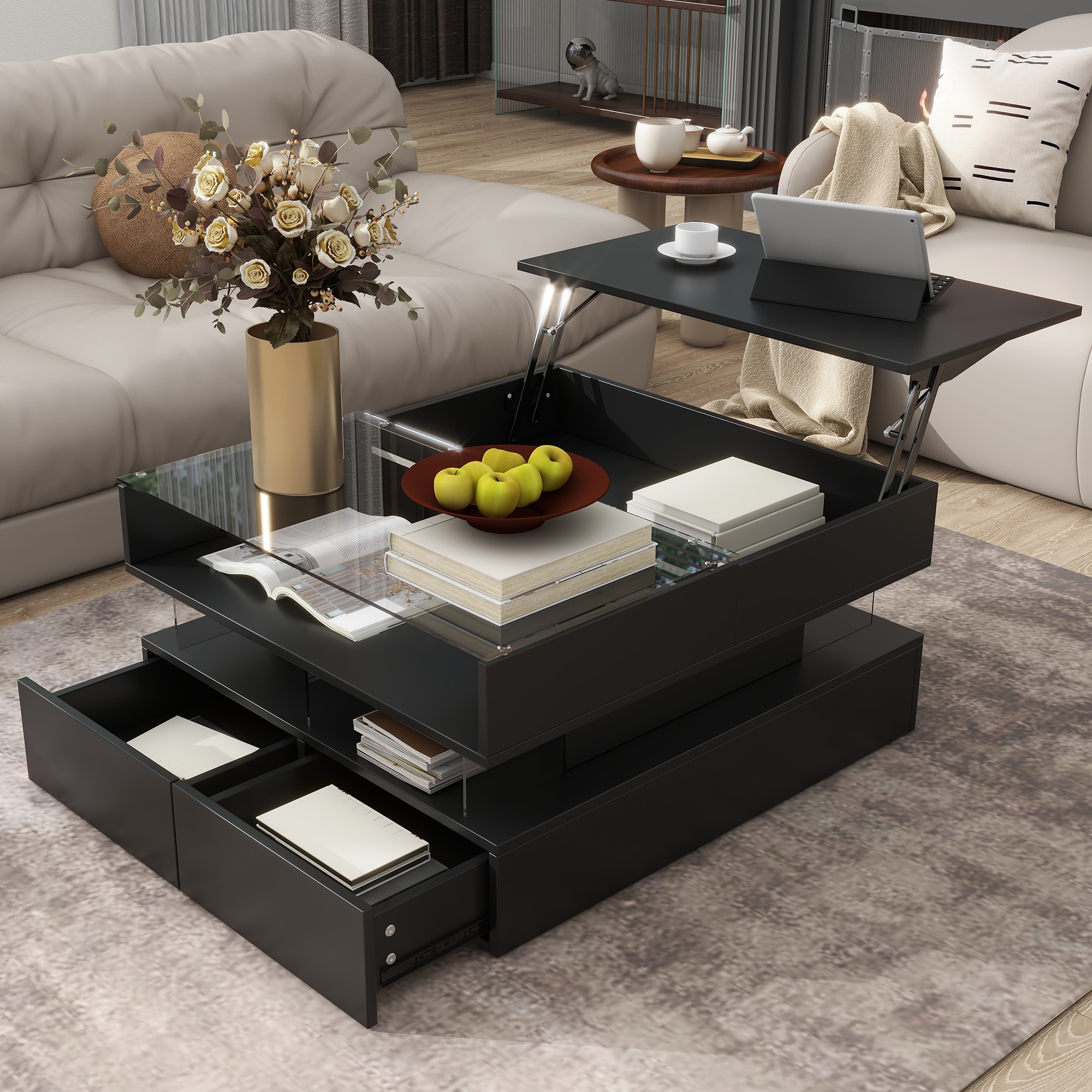 LOVMOR SF-Y-N724P290043B U Can Lift Top Coffee Table with 2 Drawers Modern Square Coffee Table with Glass Top and High Gloss Finish Hidden Space and LED Lights for Living Room