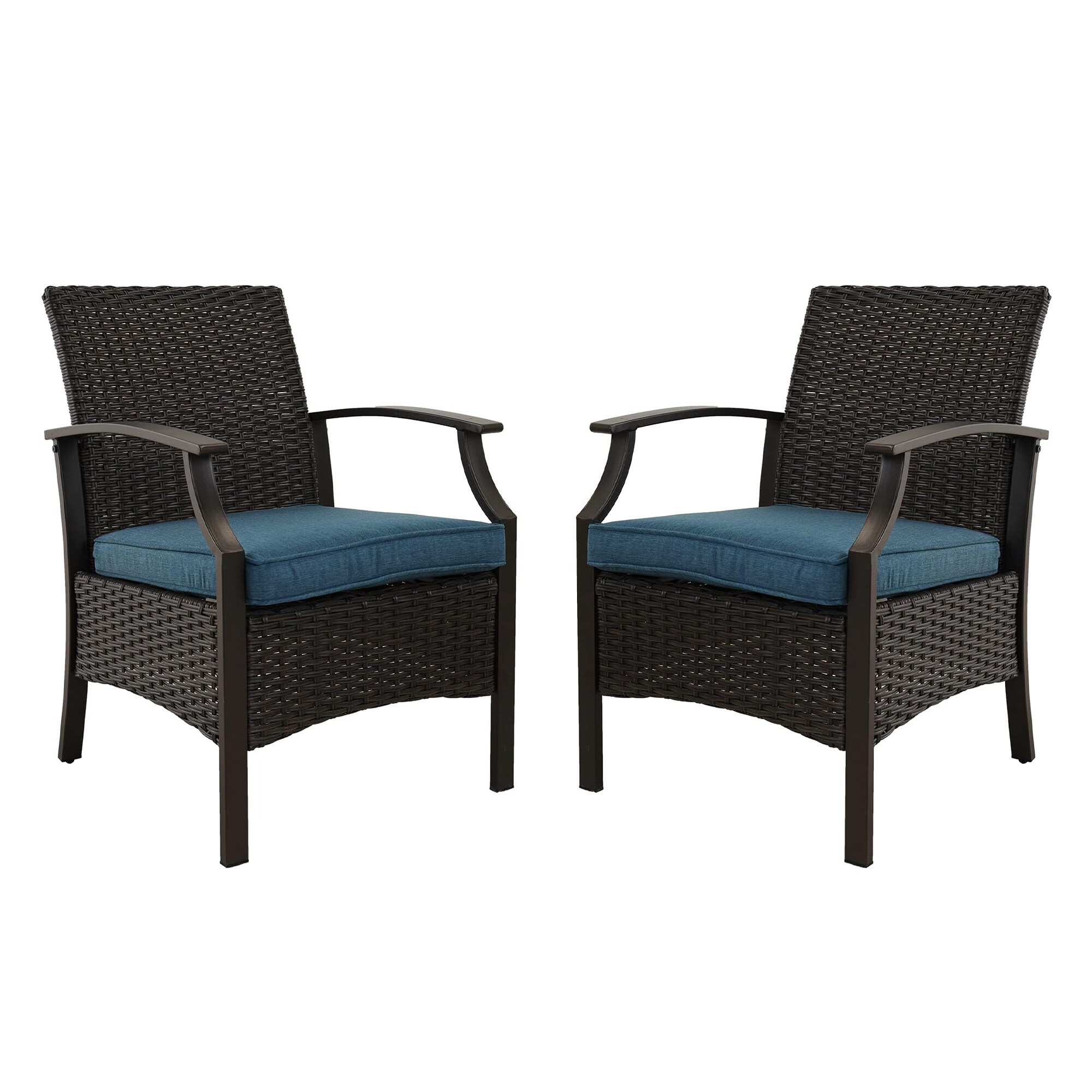 Clihome CL7150913000002 Set of 2 Rattan Black Iron Frame Stationary Dining Chair with Blue Cushioned Seat