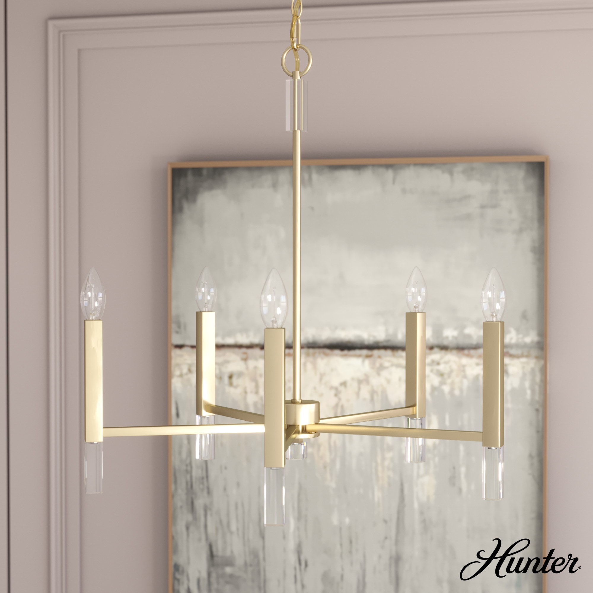 Hunter 19523 Sunjai 5 -Light Satin Gold Modern/contemporary Bare bulb For Use in Bedrooms, Dining Rooms, Foyers, Kitchens, Living Rooms Chandelier