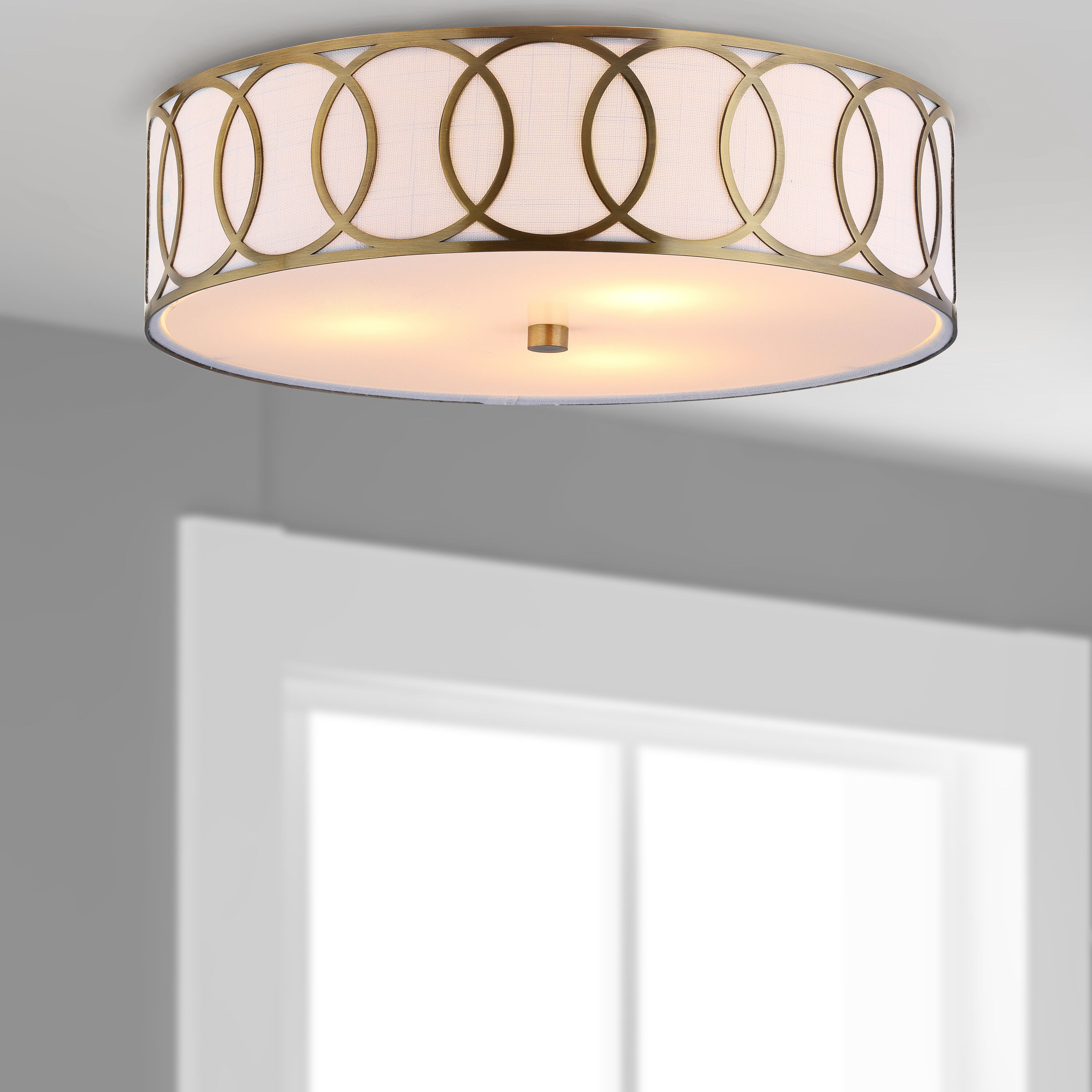 Aubrey Brass Gold 15.5" Drum LED Flush Mount with Linen Shade