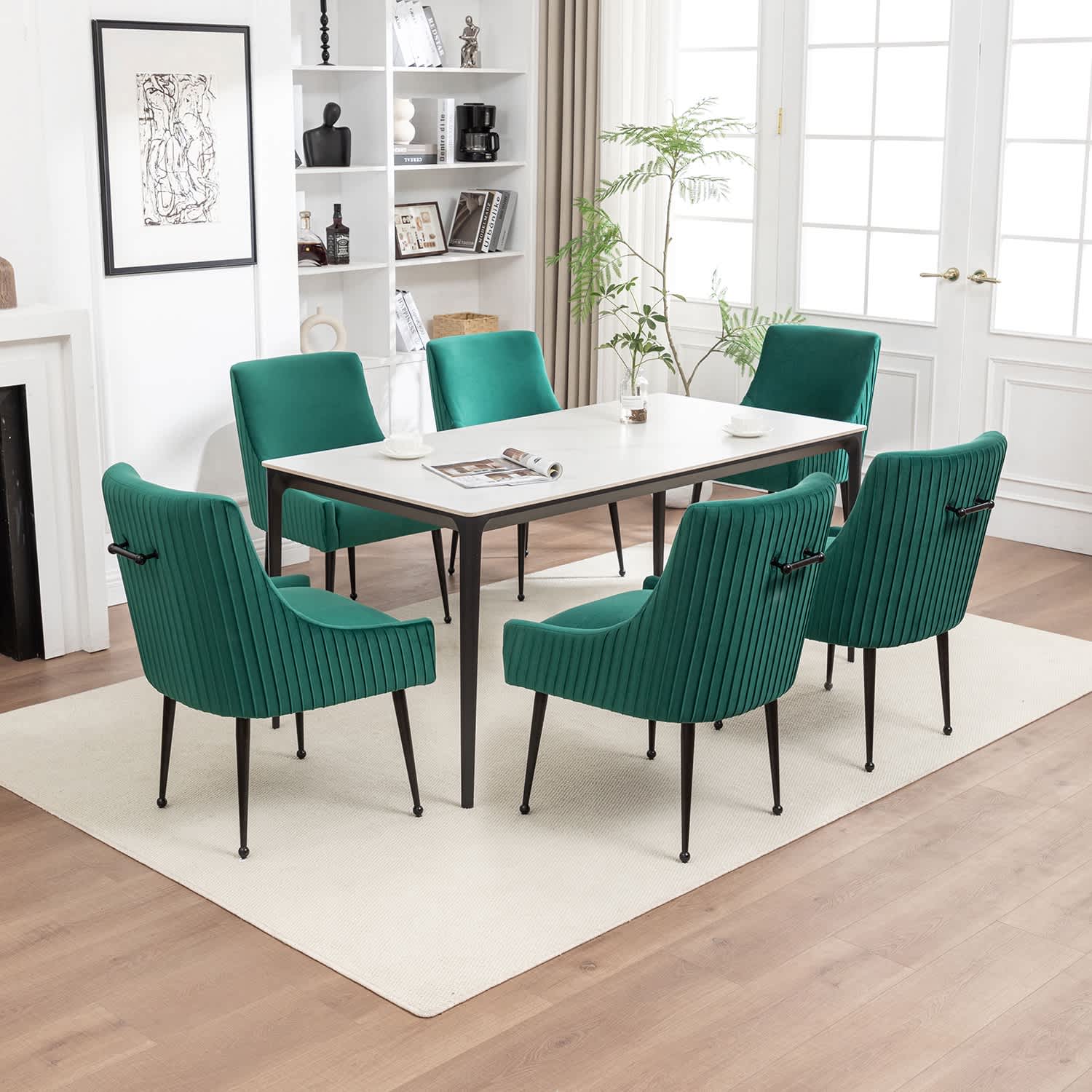 SEYNAR XY784-DARK GREEN-S6 Modern Glam Velvet Black Metal Legs Dining Chair or Vanity Chair Set of 6 with Rear Handle