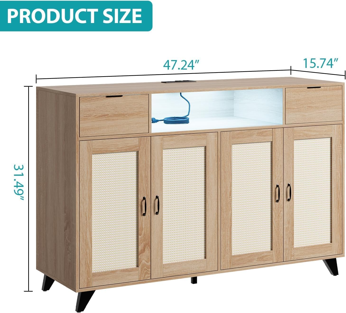 WhizMax LDYLSPHO-14VKDV0M Rattan Sideboard Buffet Cabinet With 4 Doors 2 Drawers Built In Power Outlet Usb Ports Adjustable Shelves Anti Tip Kit Black For Kitchen Dining Room Living Room Hallway
